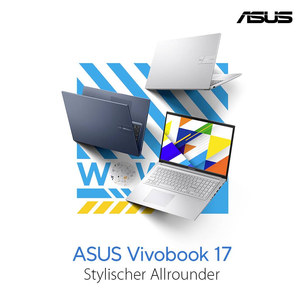 Werbebild von ASUS Vivobook 17 Laptops in Silber und Dunkelblau, mit dem Text „ASUS Vivobook 17" und „Stylischer Allrounder".