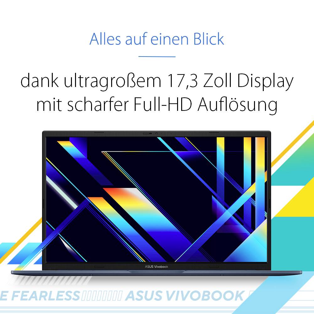 ASUS VivoBook Laptop-Werbung mit einem ultrabreiten 17,3-Zoll-Full-HD-Display und dem deutschen Text „Alles auf einen Blick".