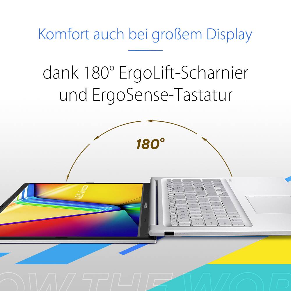Produktanzeige mit einem Laptop, der 180° flach geöffnet ist, mit Hervorhebung des "ErgoLift"-Scharniers und der "ErgoSense"-Tastatur für Komfort mit großem Display.