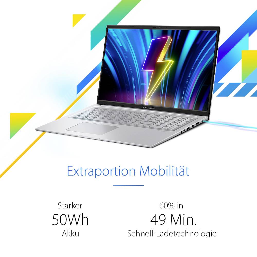 Silberner ASUS-Laptop mit Blitzsymbol auf dem Bildschirm, das 'Extraportion Mobilität' bewirbt, und ein 50-Wh-Akku mit 60% Ladung in 49 Minuten Schnellladevorgang.