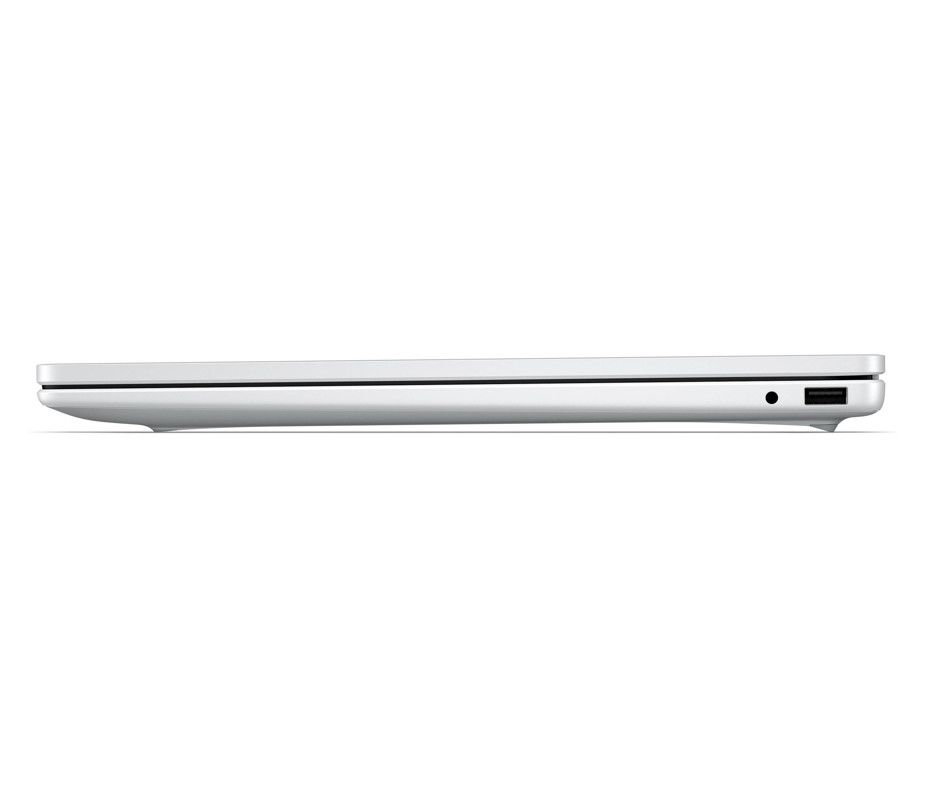 Seitenansicht eines geschlossenen silbernen Laptops, die das dünne Profil, die Vorderkante und die Anschlüsse auf der rechten Seite zeigt.