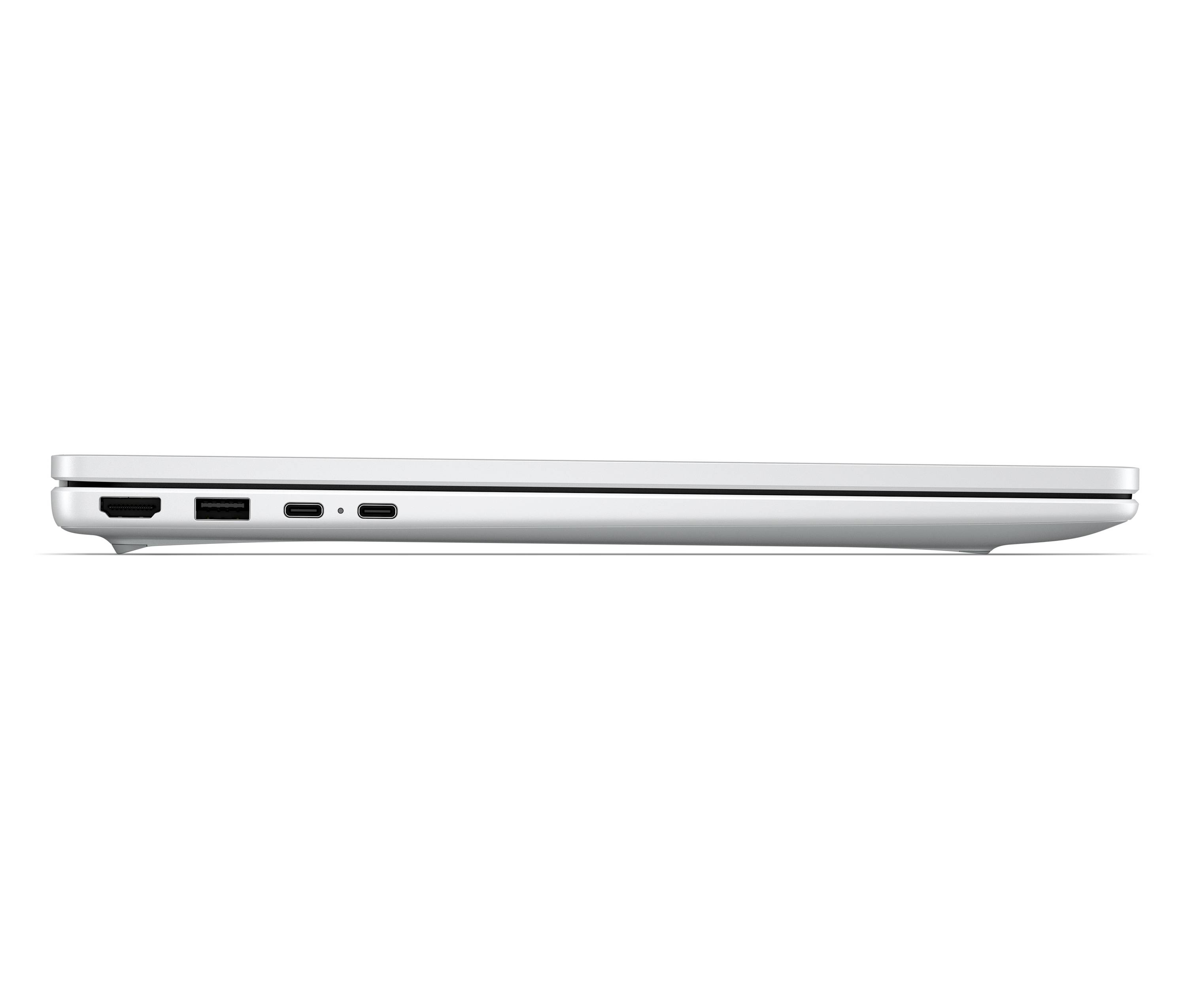Seitenansicht eines schlanken silbernen Laptops mit Anschlüssen an der linken Kante und dünnem geschlossenem Profil.