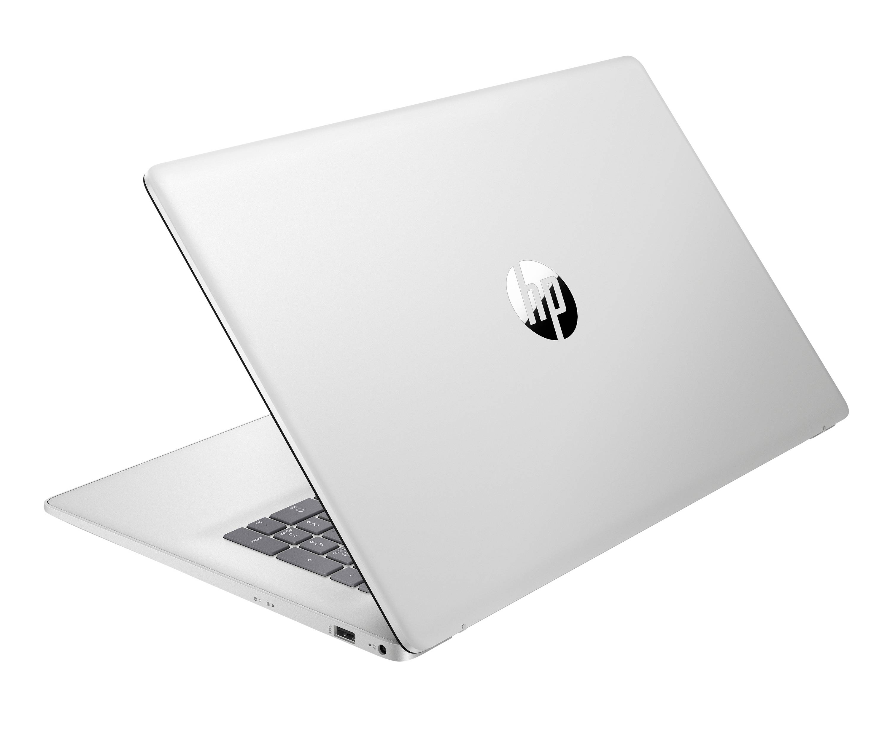 Silberner HP-Laptop teilweise offen auf weißem Hintergrund, zeigt die Tastatur und zentriertes HP-Logo auf dem Deckel.