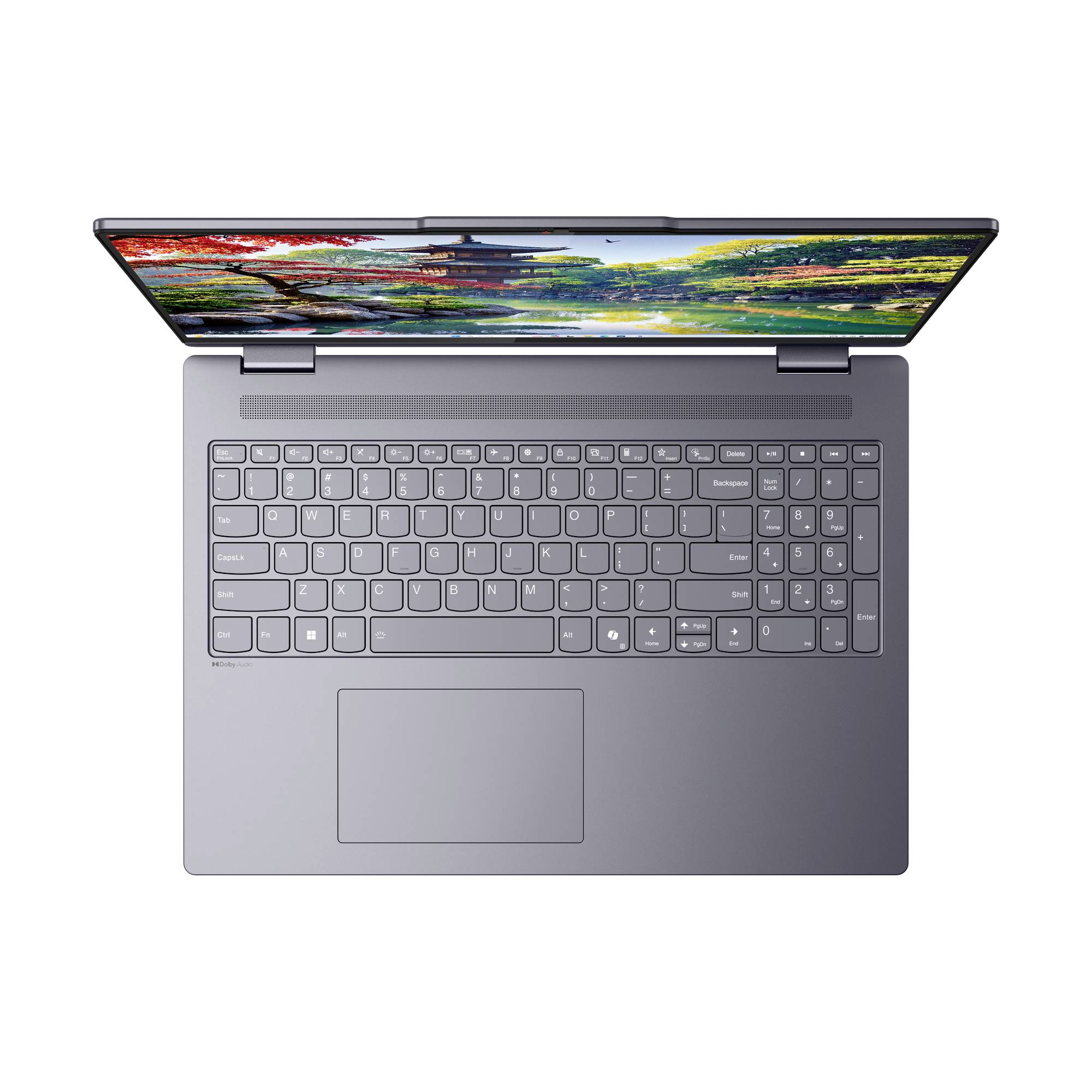 Draufsicht auf einen offenen grauen Laptop mit Tastatur und Trackpad, auf dem Bildschirm eine farbenfrohe Landschaft zu sehen.