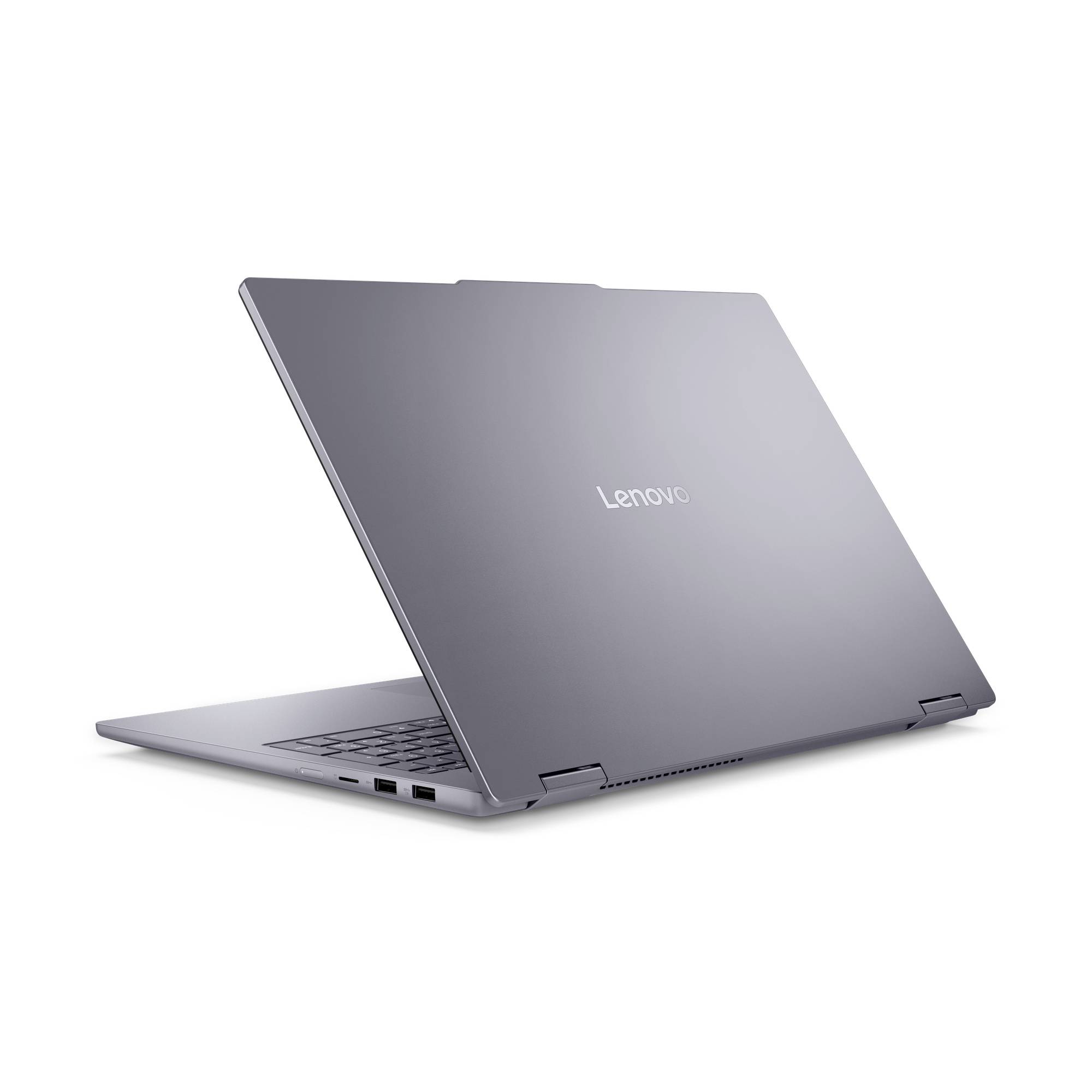 Grauer Lenovo-Laptop, teilweise geöffnet, auf weißem Hintergrund, von hinten-links fotografiert.