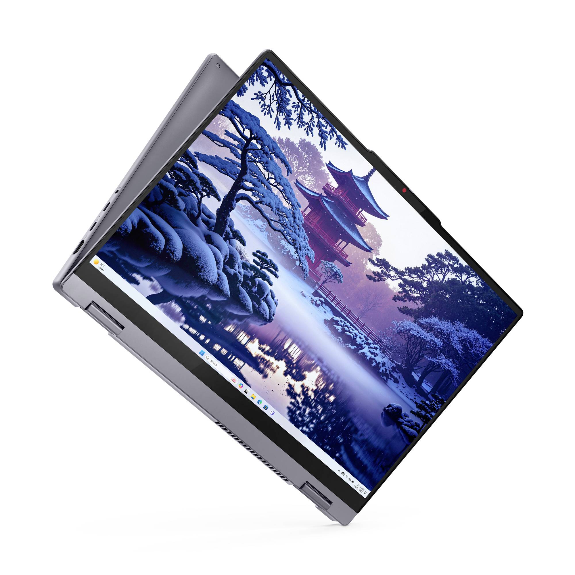 Laptop mit zwei Funktionen, teilweise im Zeltmodus geöffnet, zeigt einen Winter-Landschaftshintergrund mit einer Pagode und schneebedeckten Bäumen.