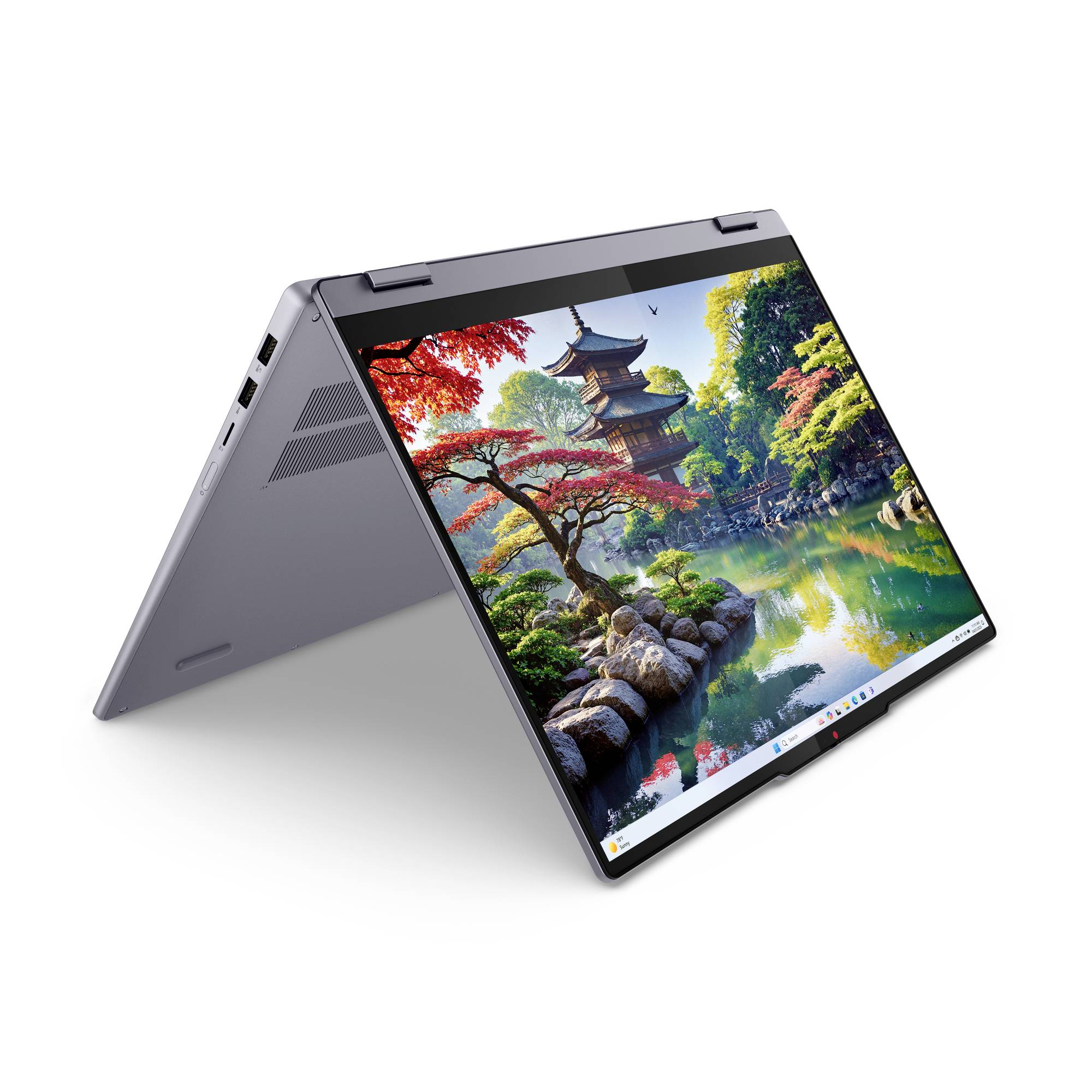 2-in-1-Laptop im Zeltmodus mit einer malerischen Hintergrundbild eines japanischen Tempels und Gartens auf seinem Touchscreen.