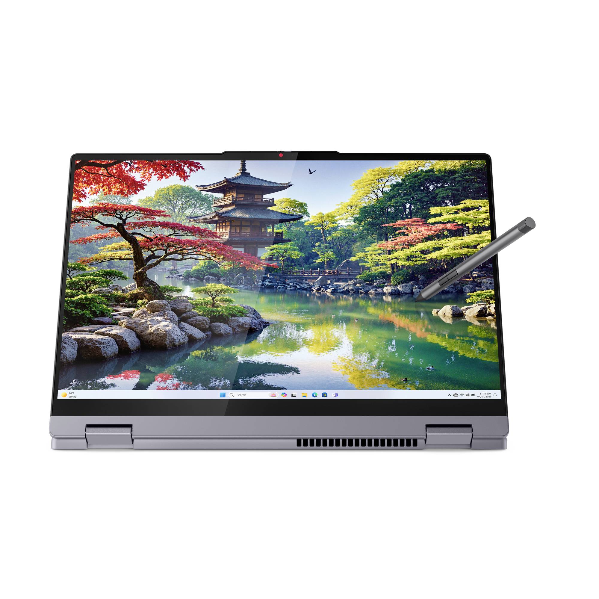 Konvertierbarer Laptop mit Stylus, auf dessen Bildschirm ein japanischer Garten und eine Pagode angezeigt werden