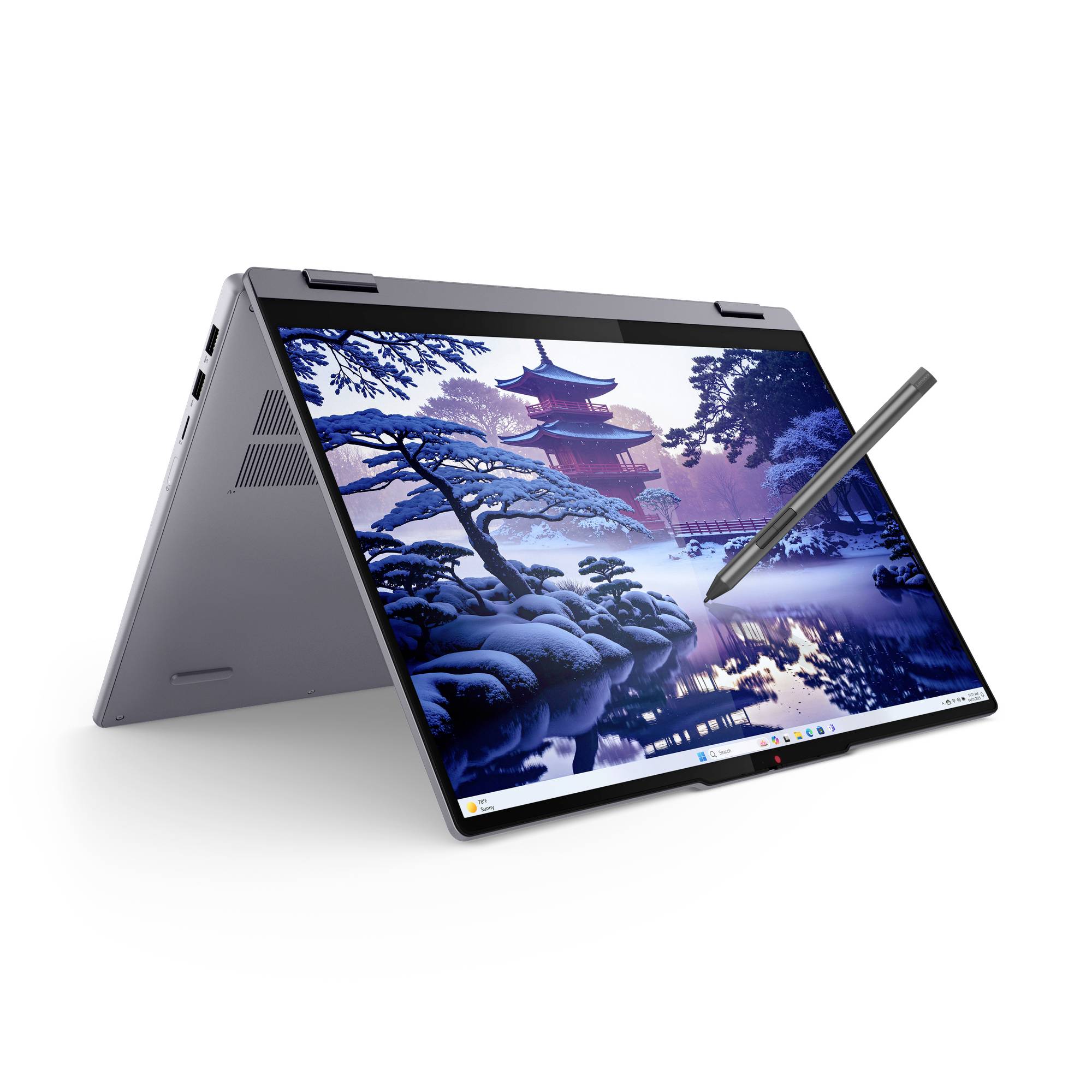 2-in-1-Laptop im Zeltmodus mit Stift auf dem Touchscreen, zeigt ein malerisches Hintergrundbild eines japanischen Tempels.