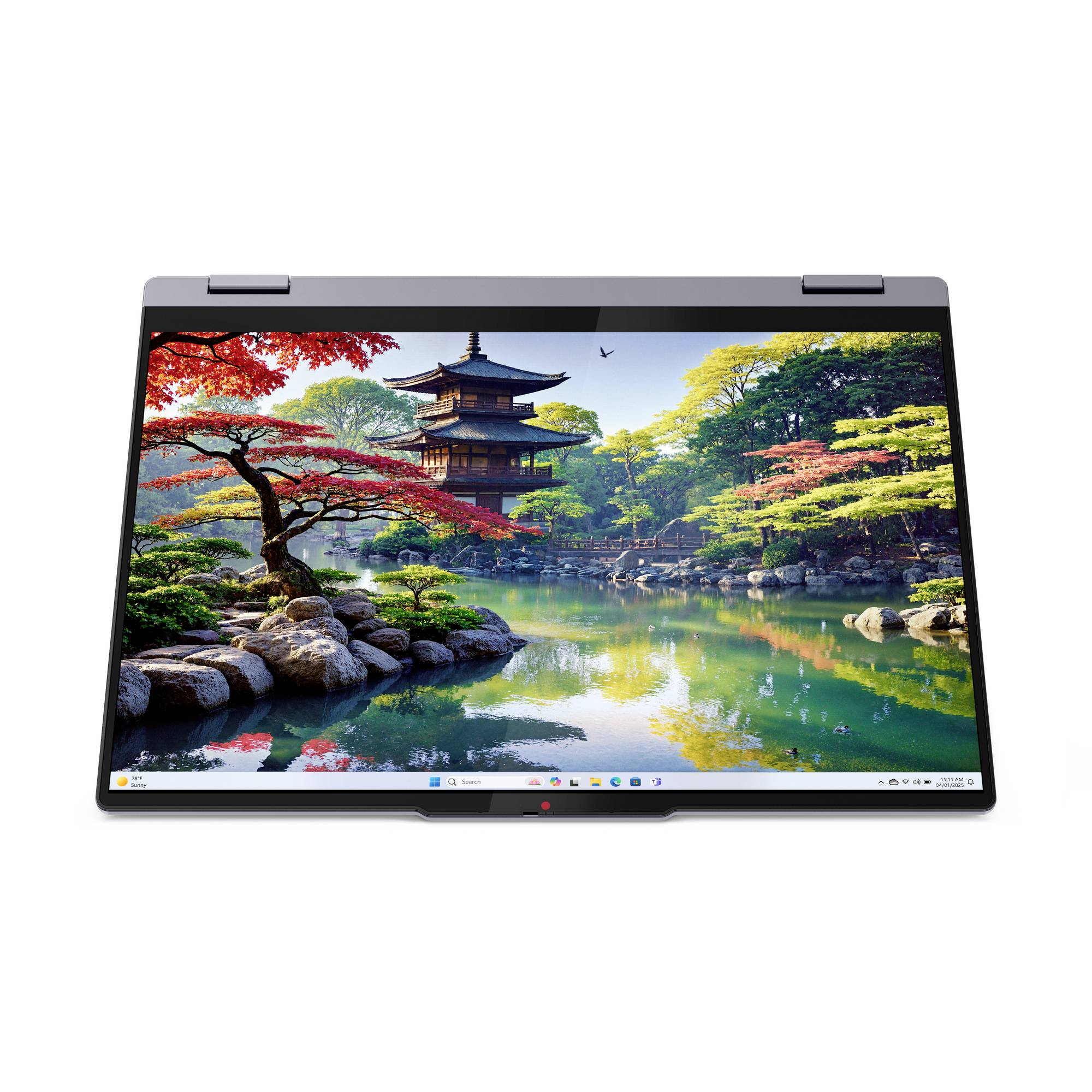 Konvertibles Laptop mit einem lebendigen Naturhintergrundbild, das einen japanischen Tempel neben einem reflektierenden Teich und Herbstbäumen auf dem Bildschirm zeigt.
