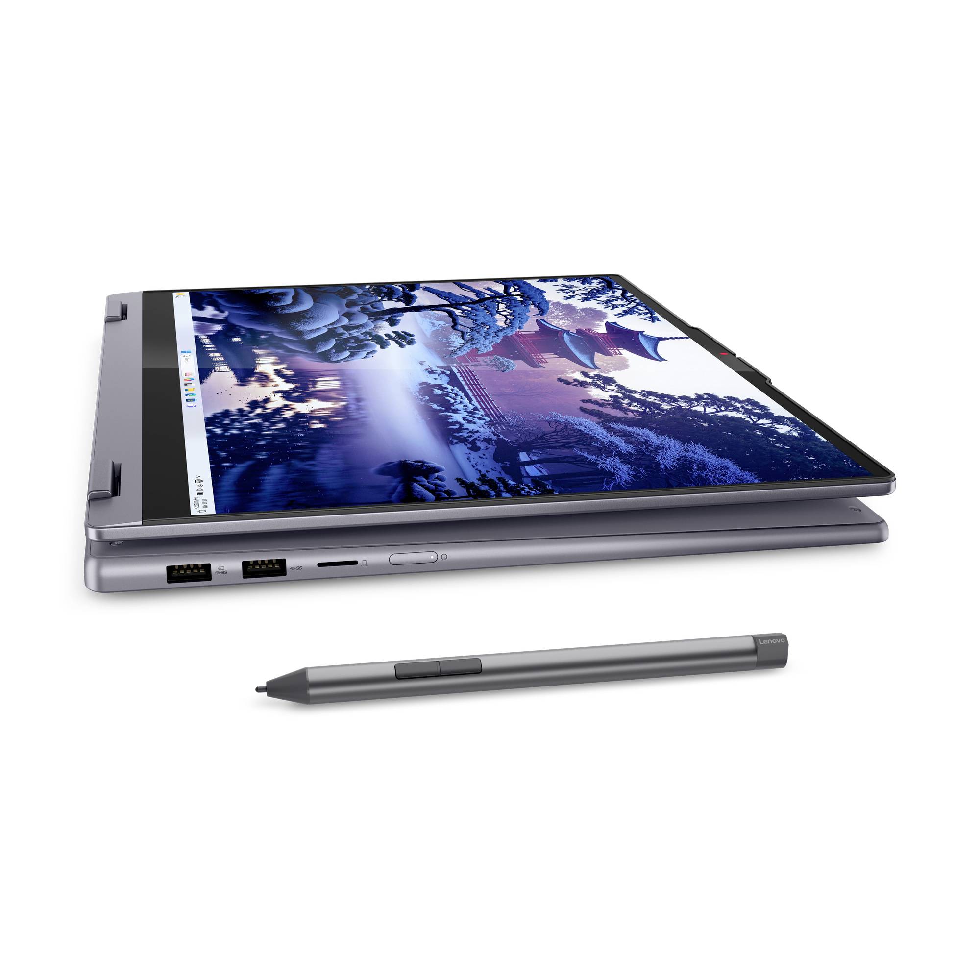 Schlanker 2-in-1-Laptop teilweise offen mit Stylus daneben auf weißem Hintergrund dargestellt.