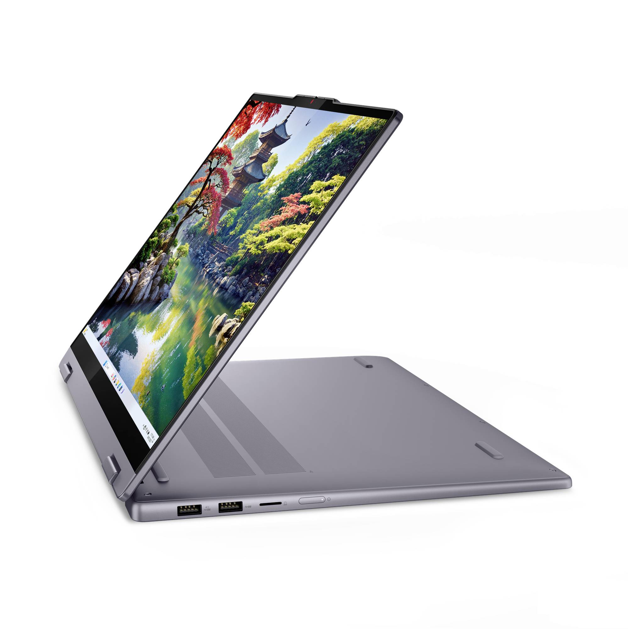 Convertibles Laptop im Tablet-Modus, mit dem Bildschirm nach hinten über die Tastatur geklappt und eine farbenfrohe Landschaft anzeigend.
