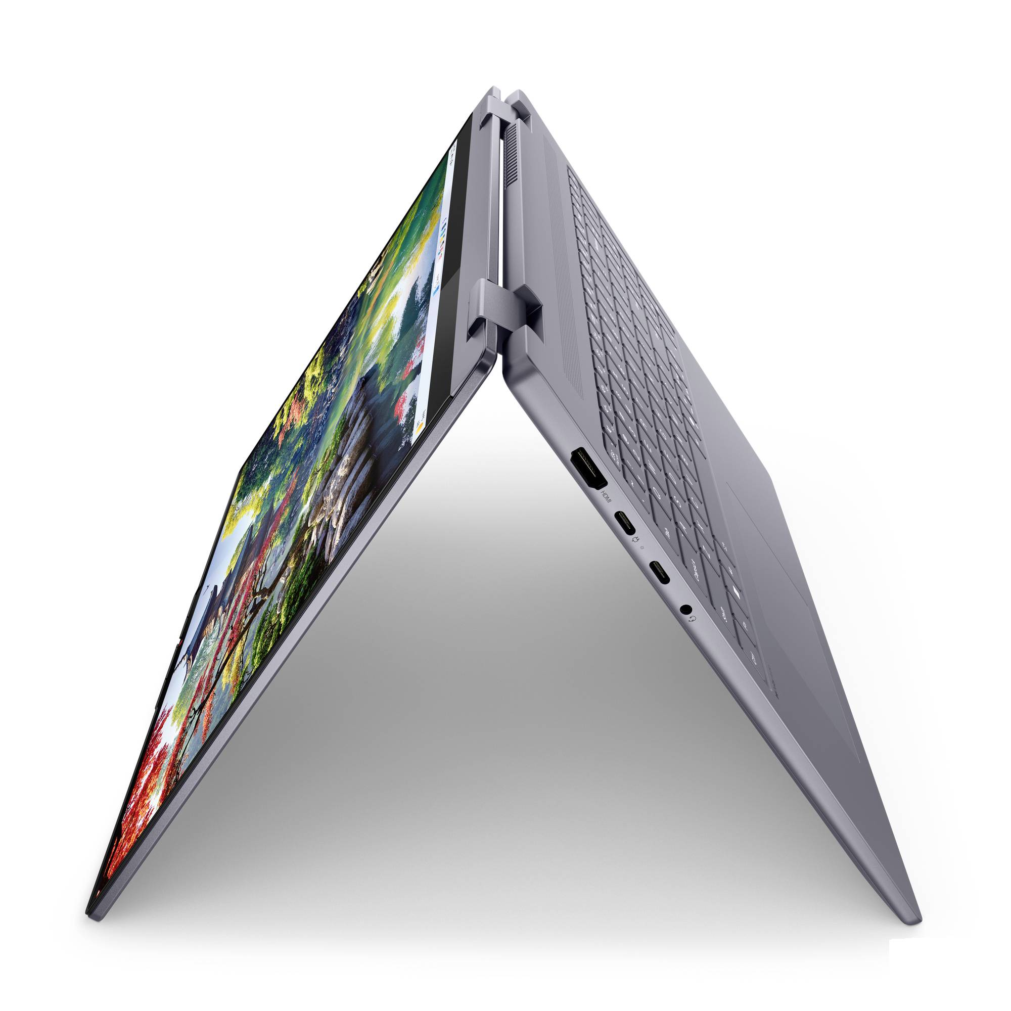 Silberner Convertible-Laptop im Zeltmodus, zeigt die Tastatur und den Touchscreen in angewinkelter Position auf weißem Hintergrund.