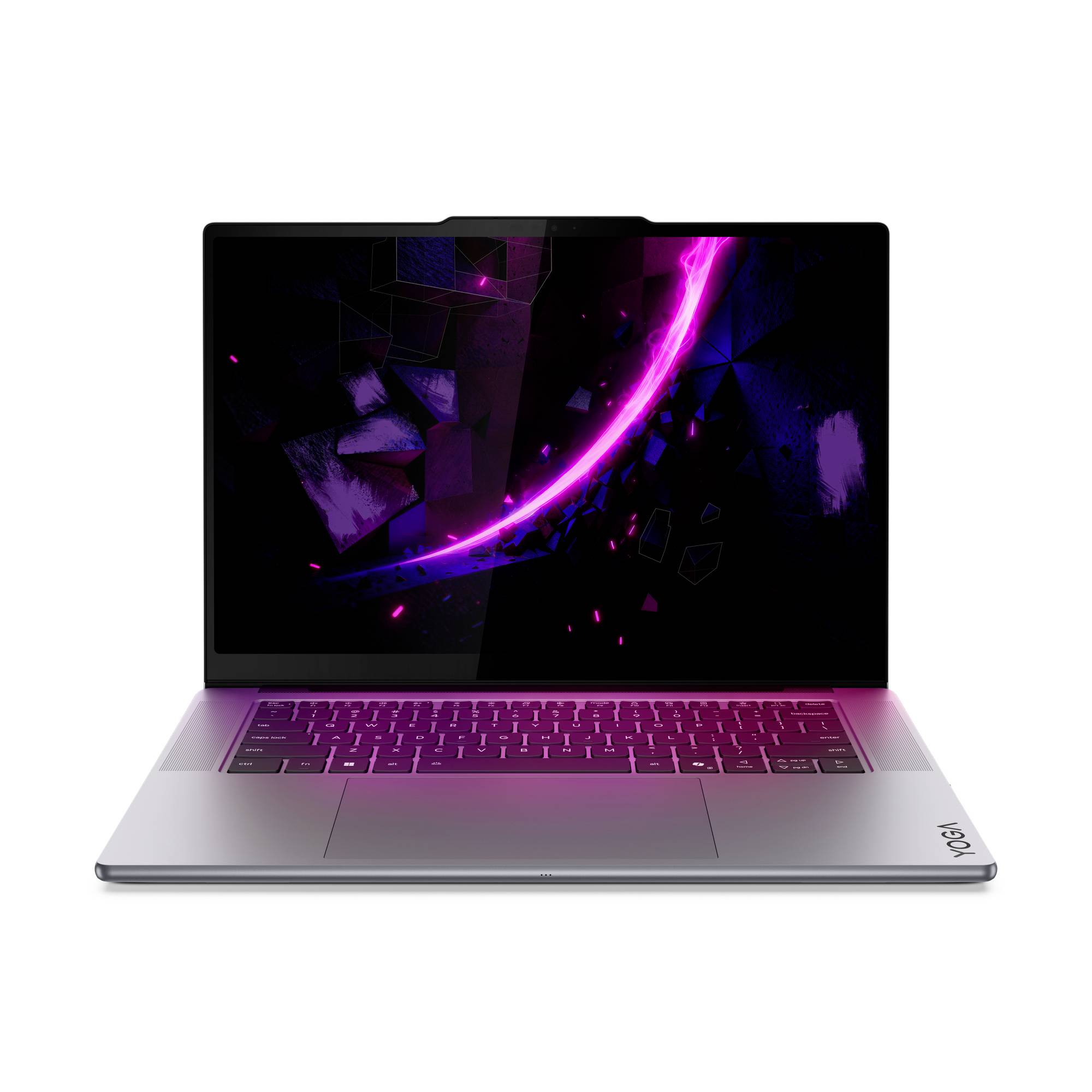 Silberner Lenovo-Laptop, geöffnet mit dunklem Bildschirm, auf dem eine neonpurpur abstrakte Grafik angezeigt wird