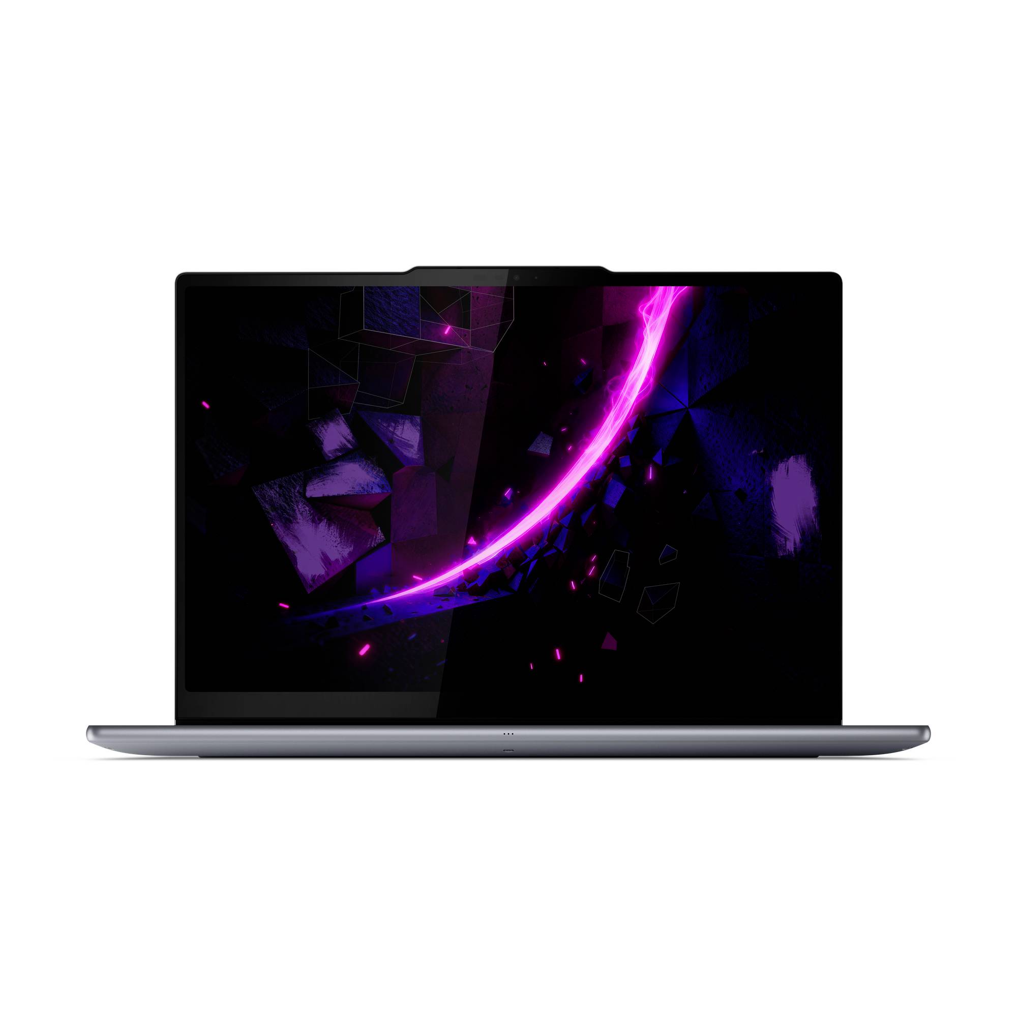 Ein silberner Laptop mit schwarzem Bildschirm, auf dem ein violetter Neon-Bogen und abstrakte geometrische Formen angezeigt werden.