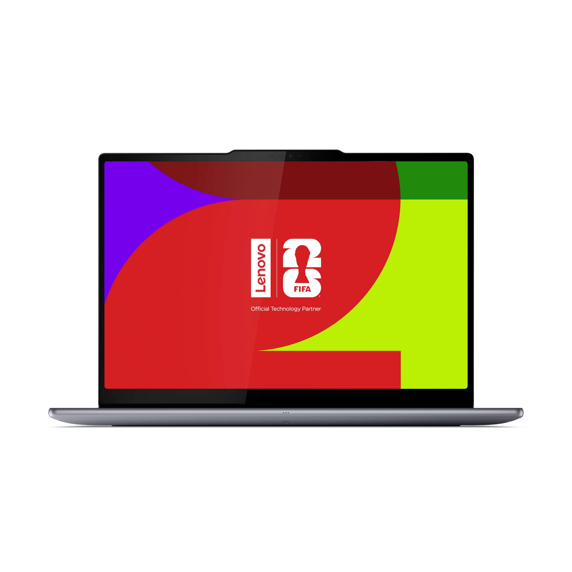 Ein Laptop mit einem Lenovo FIFA-Logo „Official Technology Partner" auf einem abstrakten Bildschirm in Rot, Lila, Grün und Gelb.
