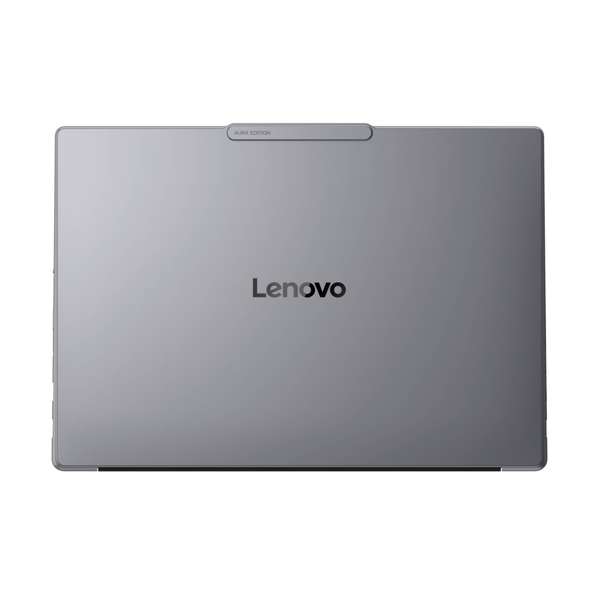 Geschlossener grauer Lenovo-Laptop von oben betrachtet mit der Aufschrift „AURA EDITION" auf der oberen Kante und zentriert auf dem Deckel das Lenovo-Logo.