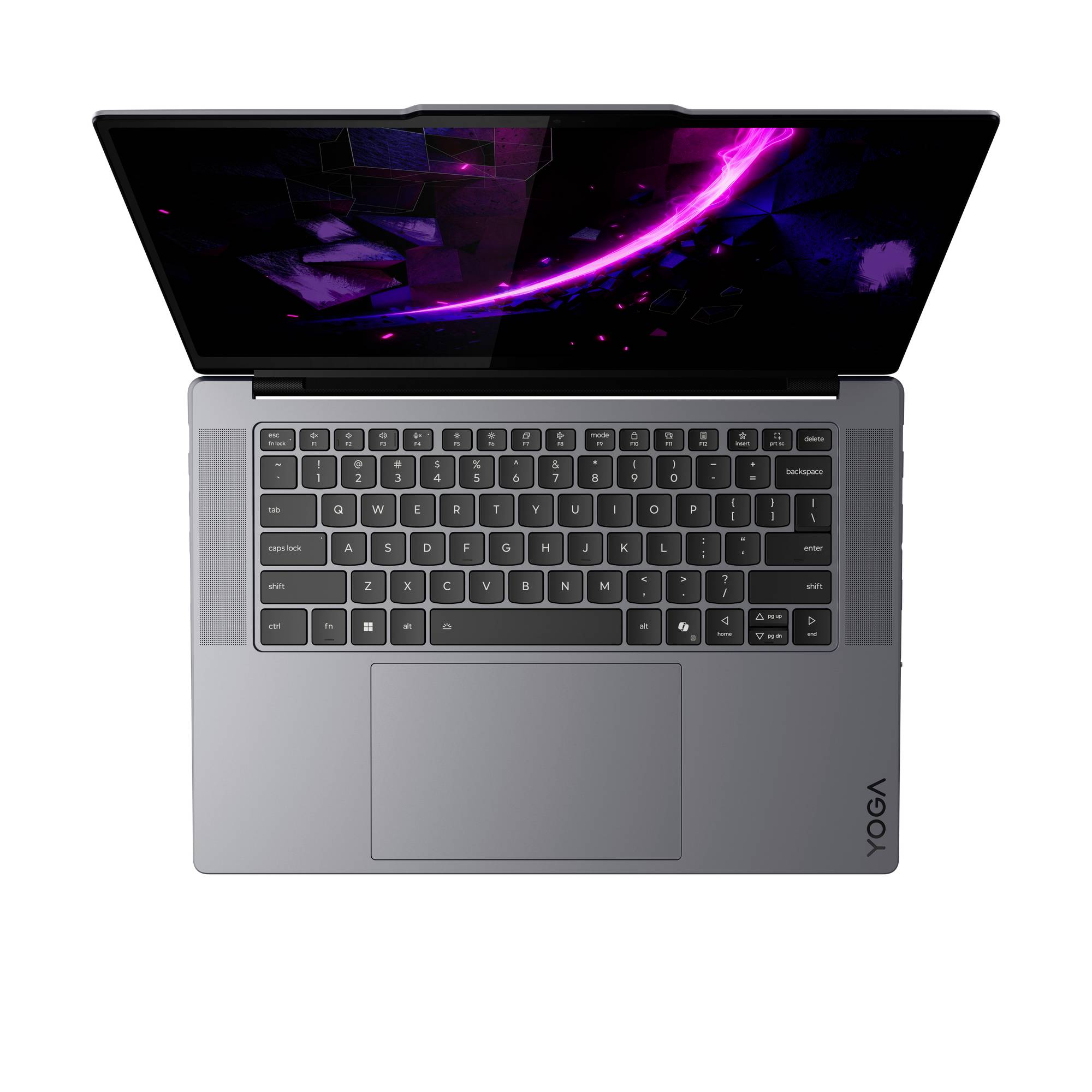 Draufsicht auf einen geöffneten Lenovo Yoga-Laptop mit dunklem violettem abstraktem Bildschirm und vollständiger Tastatur auf weißem Hintergrund.