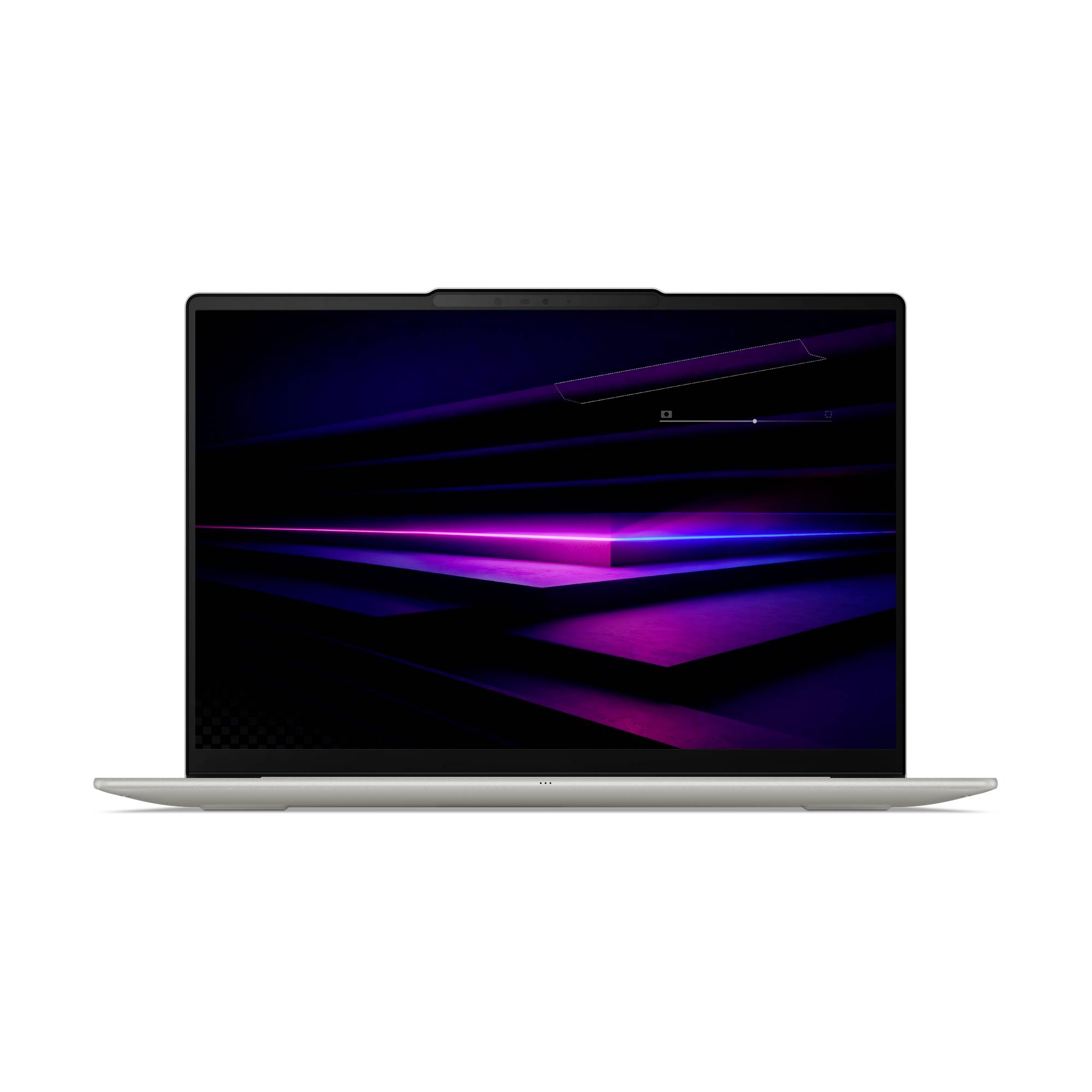 Silberner Laptop mit schwarzem Bildschirm, auf dem lila und blaue abstrakte Lichtstreifen auf weißem Hintergrund angezeigt werden.