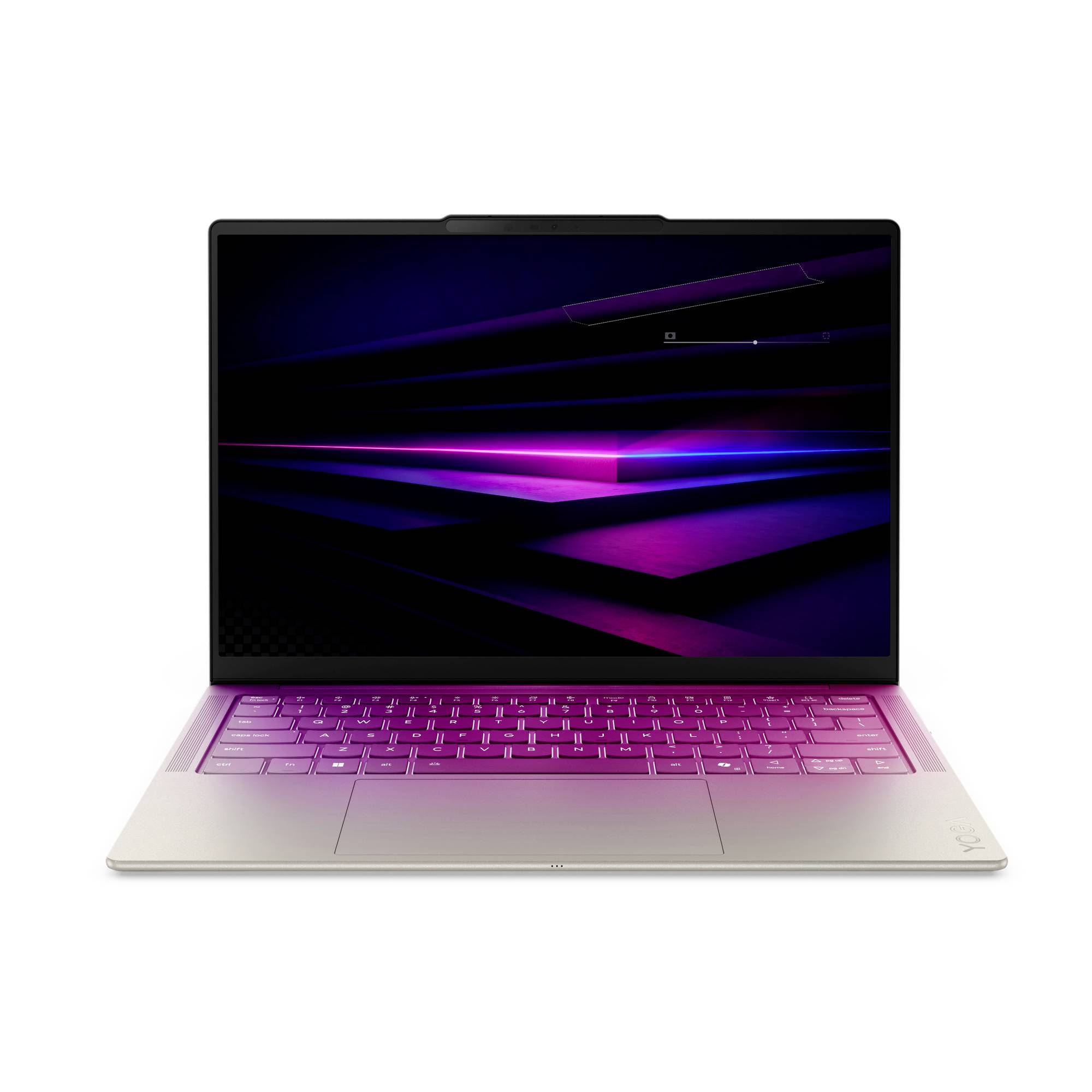Offener Laptop mit schwarzem Bildschirm, der violette Neon-Geometrielinien zeigt, und einer pink beleuchteten Tastatur auf weißem Hintergrund.
