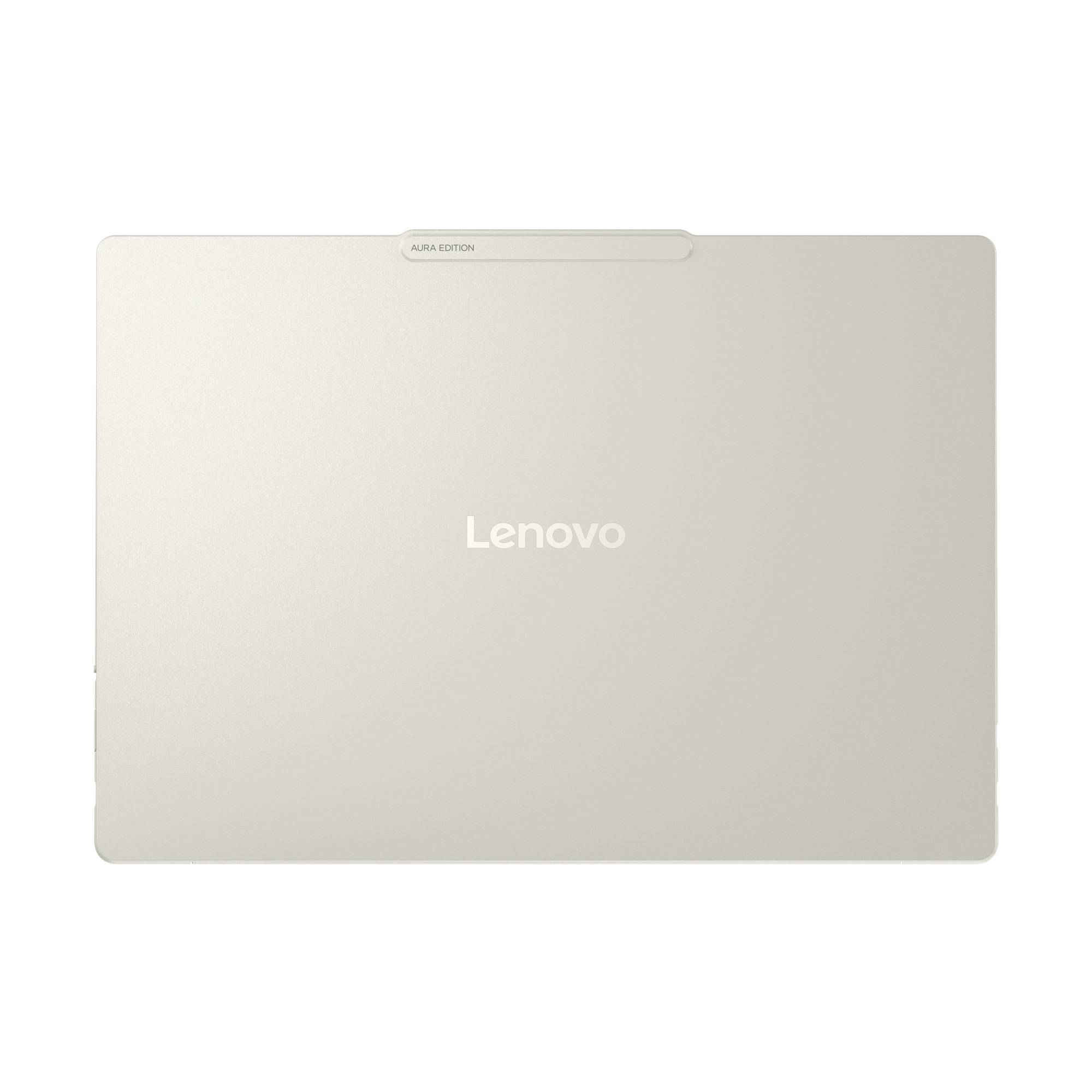 Geschlossener silberner Lenovo-Laptop mit zentriertem Lenovo-Logo und kleinem "AURA EDITION"-Etikett oben.