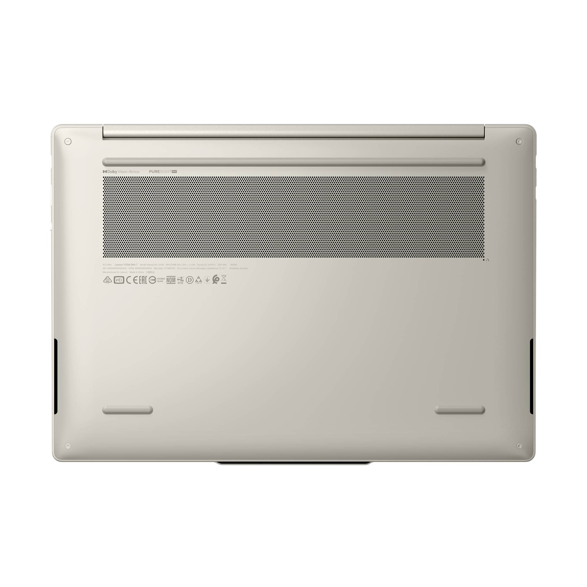 Unteransicht eines silbernen Laptops mit Ansicht des Lüftungsgitters, Gummifüßen und seitlichen Öffnungen.