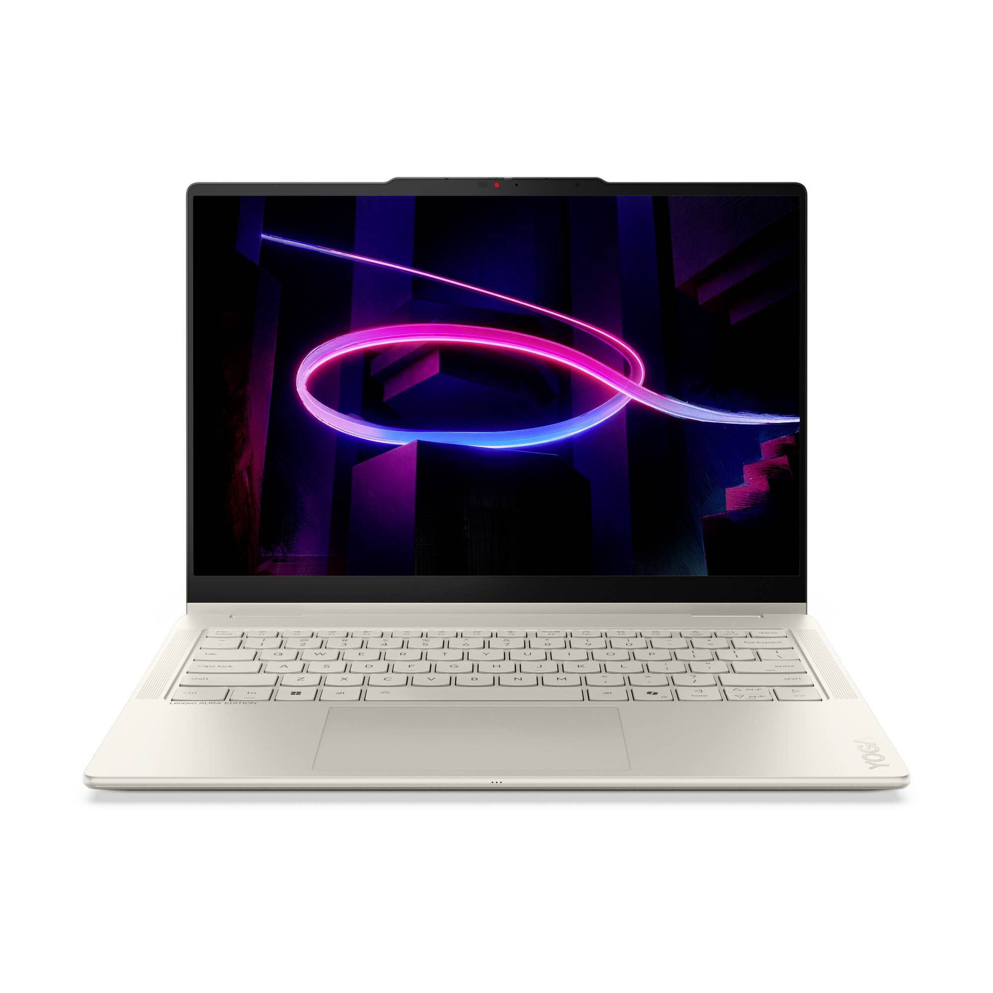 Silberner Laptop mit einem neon-rosa und blauen abstrakten Wirbel auf dem Bildschirm