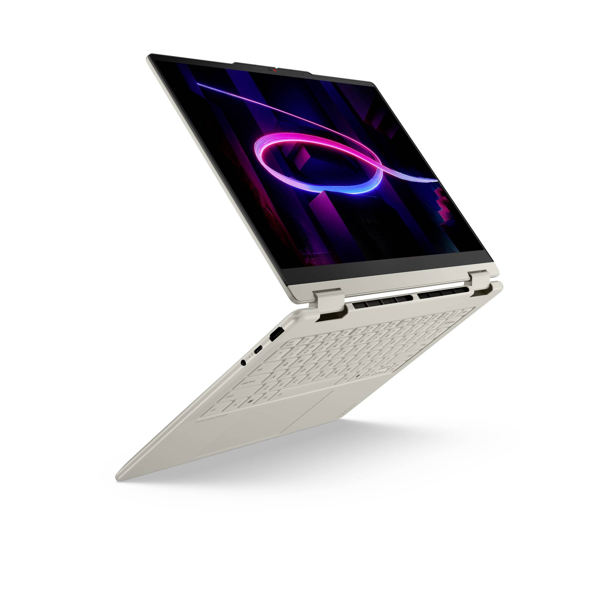 Silberner 2-in-1-Laptop im offenen Zustand in Zeltmodus dargestellt, mit einer bunten abstrakten Neon-Grafik auf dem Bildschirm.