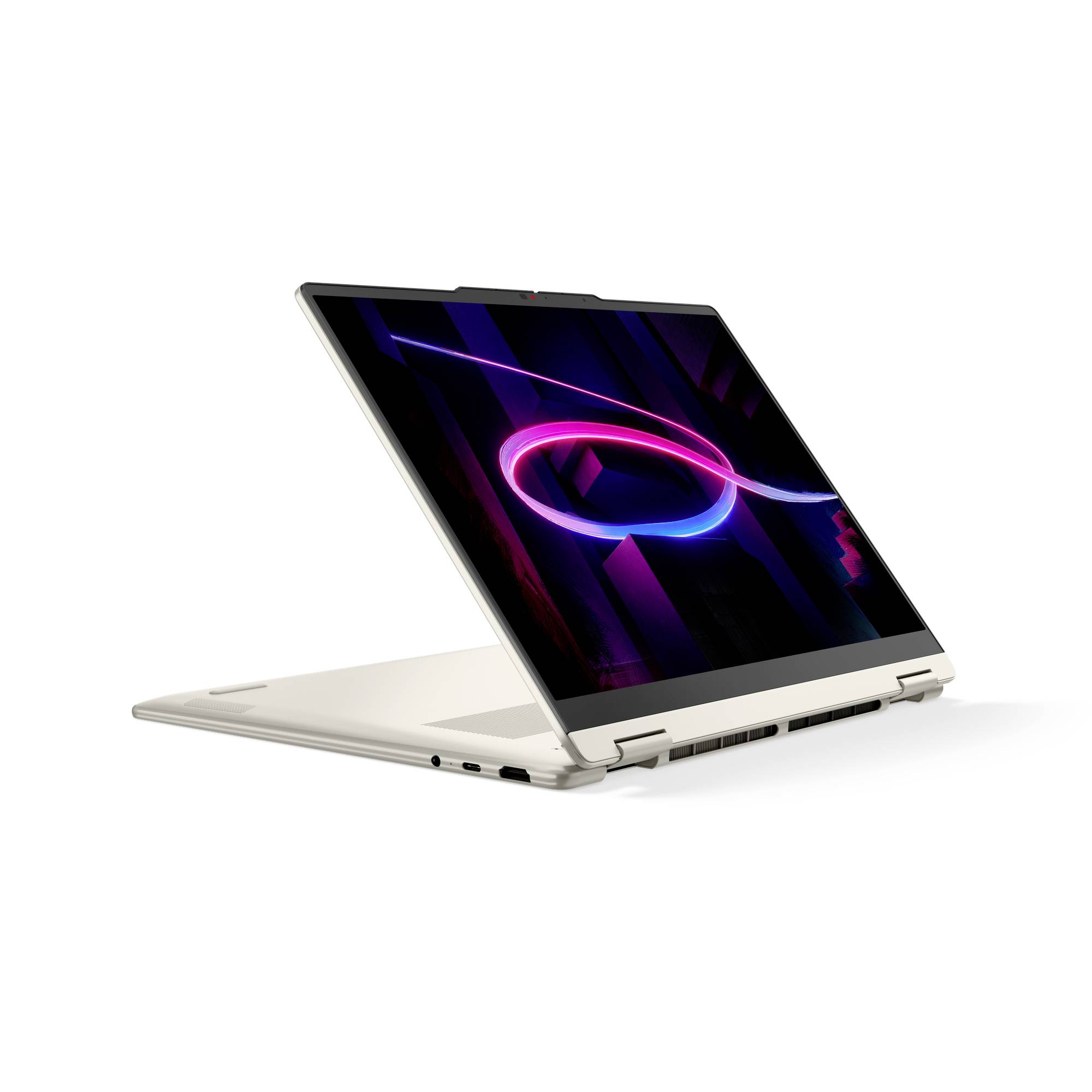 Silberner umklappbarer Laptop im Zeltmodus mit neonabstraktem Display auf weißem Hintergrund.