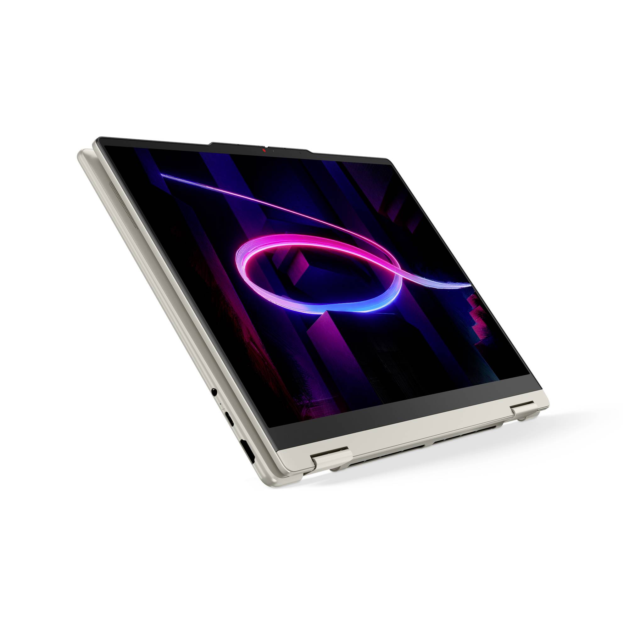 Ein silberner 2-in-1-Laptop, teilweise im Zeltmodus gefaltet, zeigt auf seinem Bildschirm ein neon-rosa und blau abstraktes Hintergrundbild.
