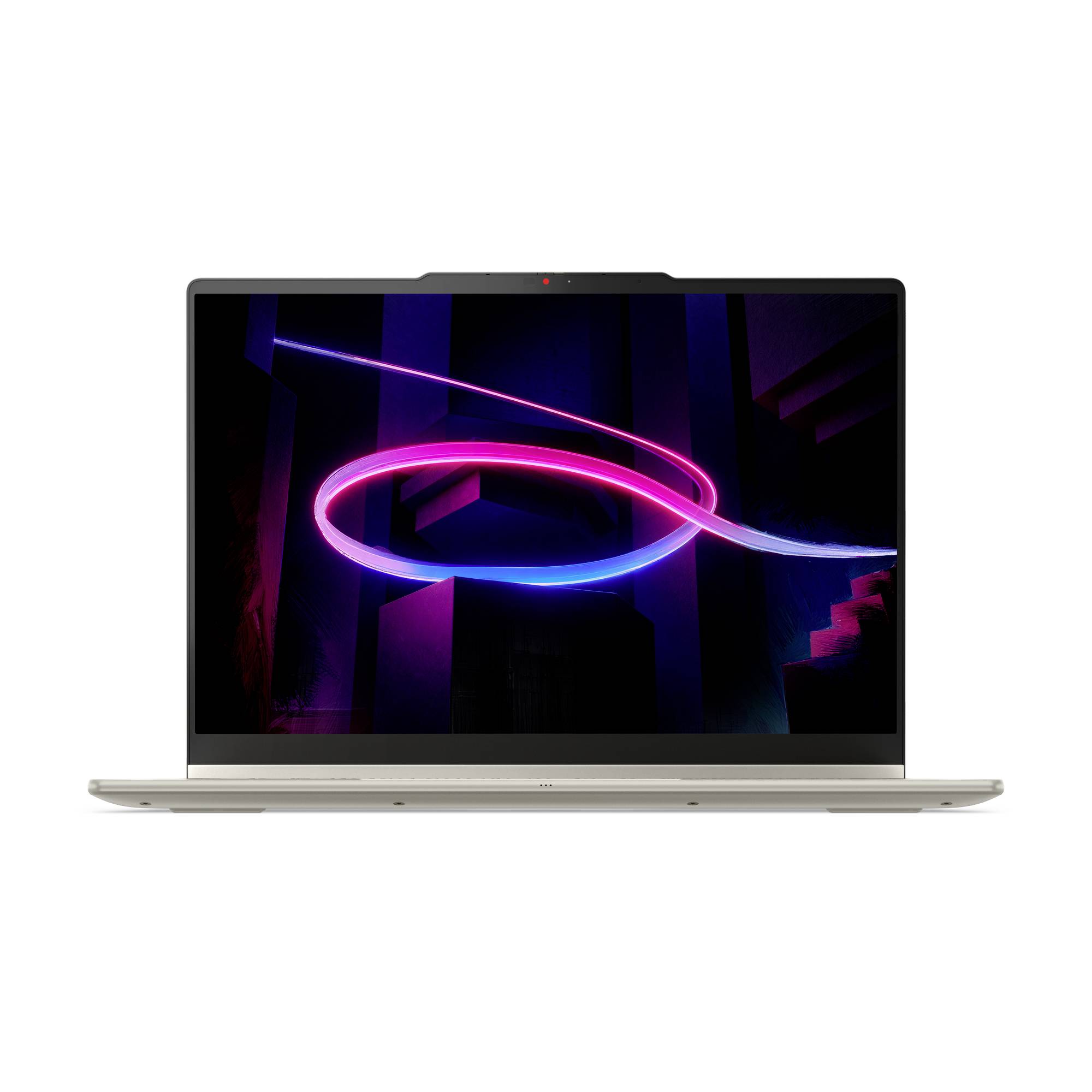 Silberner Laptop zeigt ein abstraktes Licht-Wirbel-Muster in Neonrosa und Blau auf dunklem Bildschirm, Frontansicht auf weißem Hintergrund.