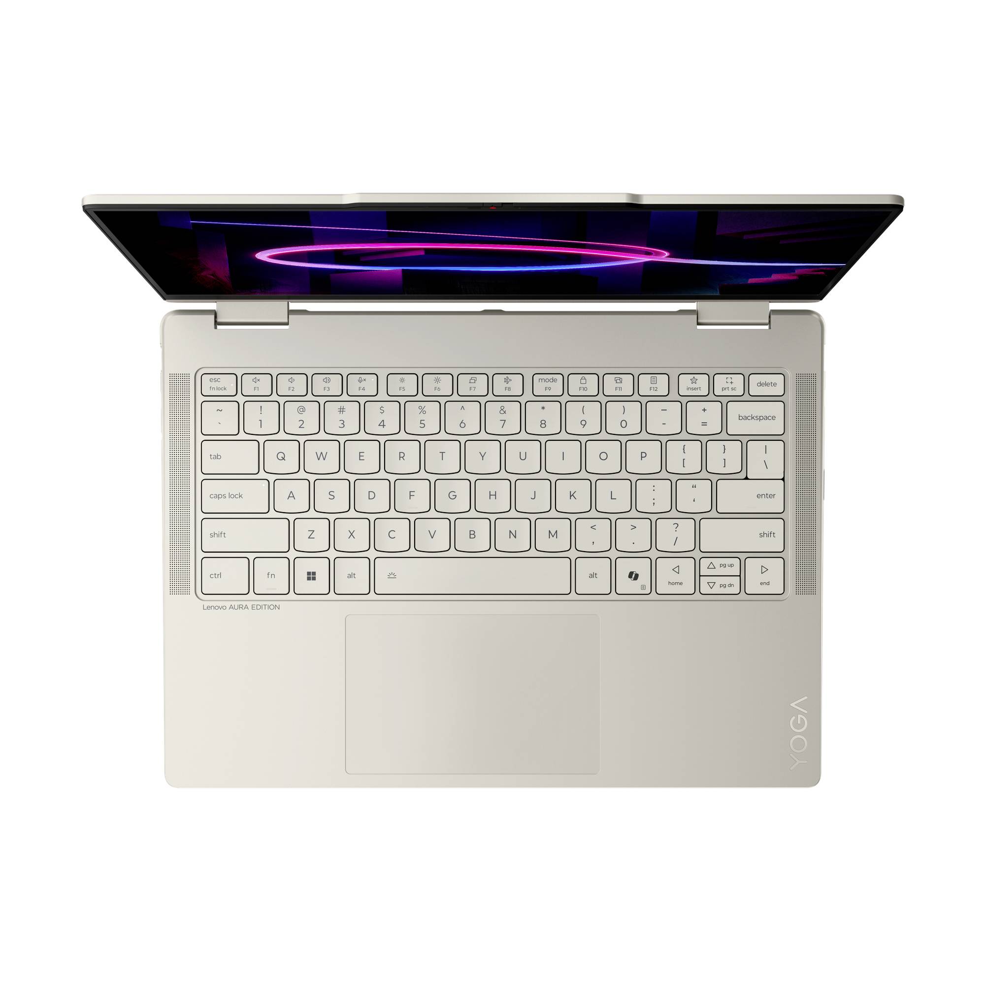 Offener silberner Lenovo Yoga Laptop mit sichtbarer Tastatur und Trackpad, von oben auf weißem Hintergrund gezeigt.