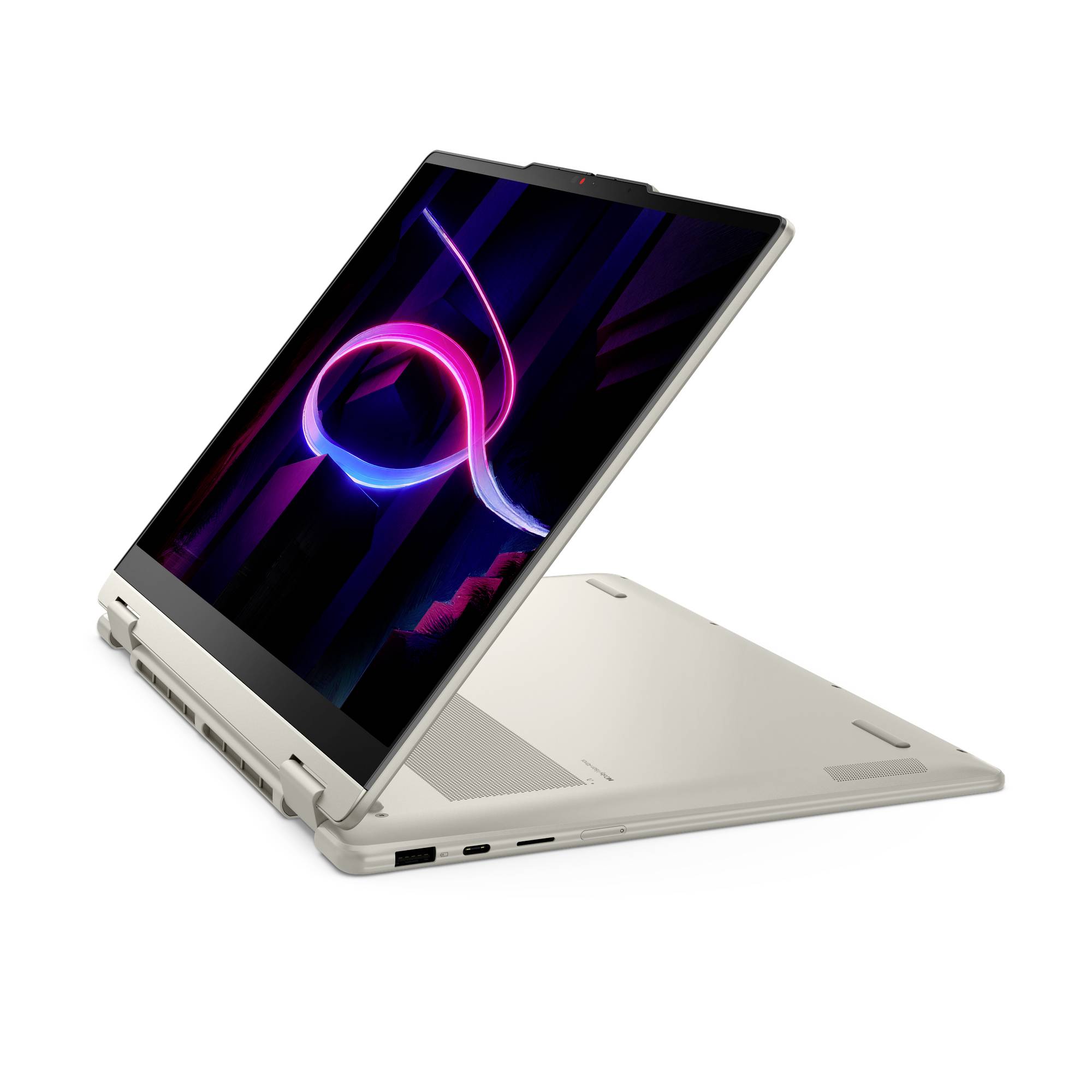 Silbernes 2-in-1-Laptop im Zeltmodus, auf dem Bildschirm wird eine leuchtende abstrakte lila-rosa Hintergrundillustration angezeigt.