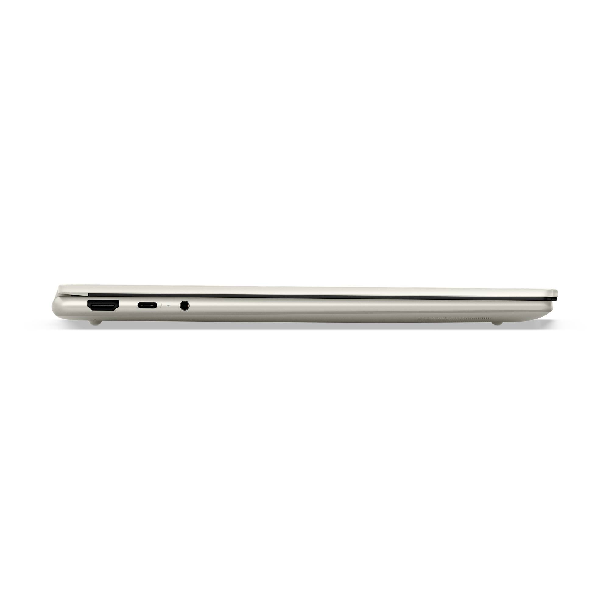 Seitenansicht eines geschlossenen silbernen Laptops, das sein dünnes Profil und die Anschlüsse an der linken Seite auf weißem Hintergrund zeigt.