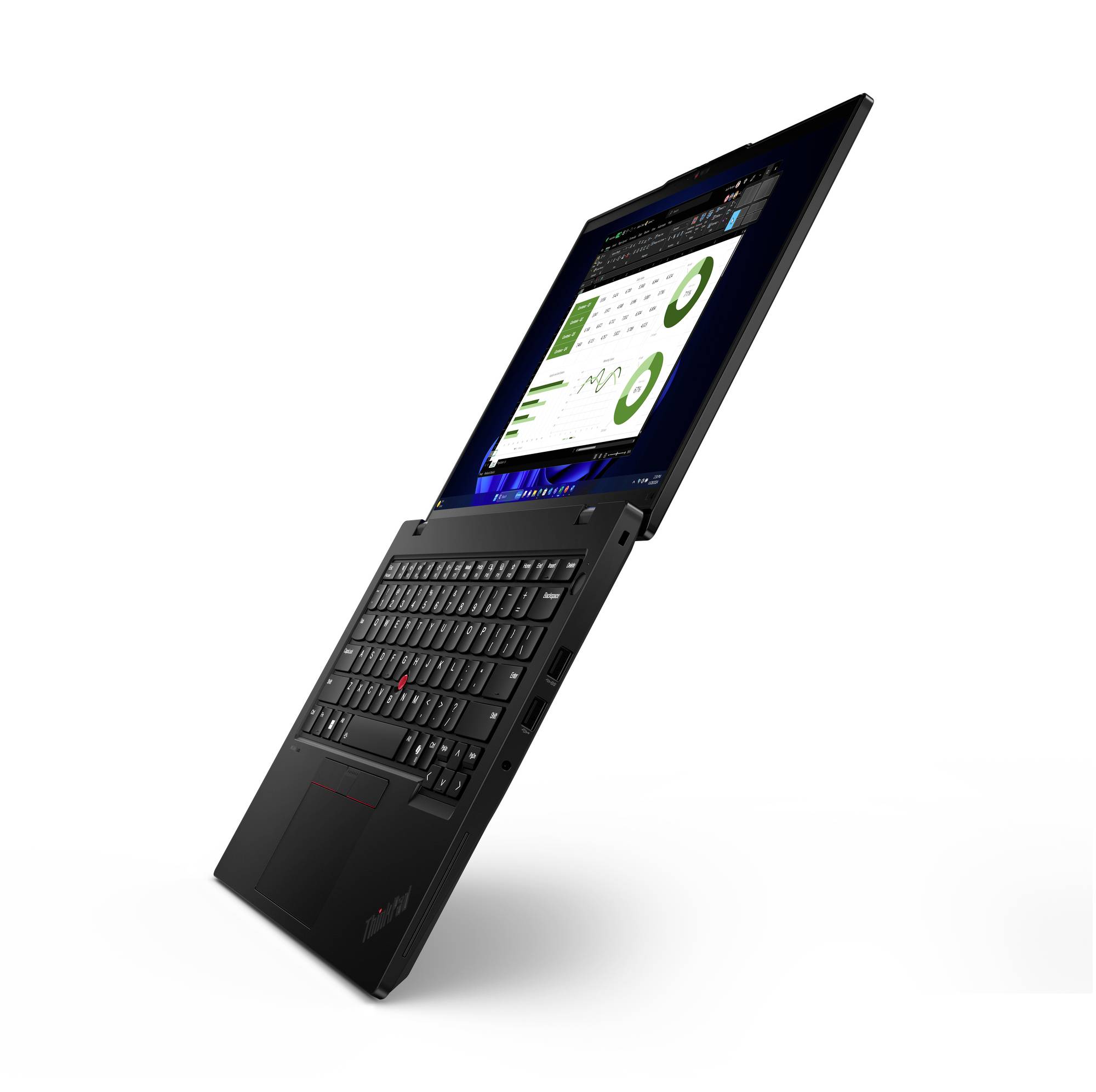 Schwarzer Laptop, der in einem Winkel geöffnet angezeigt wird, mit Tastatur und Bildschirm, auf dem ein Business-Dashboard mit Diagrammen und grünen Grafiken angezeigt wird.