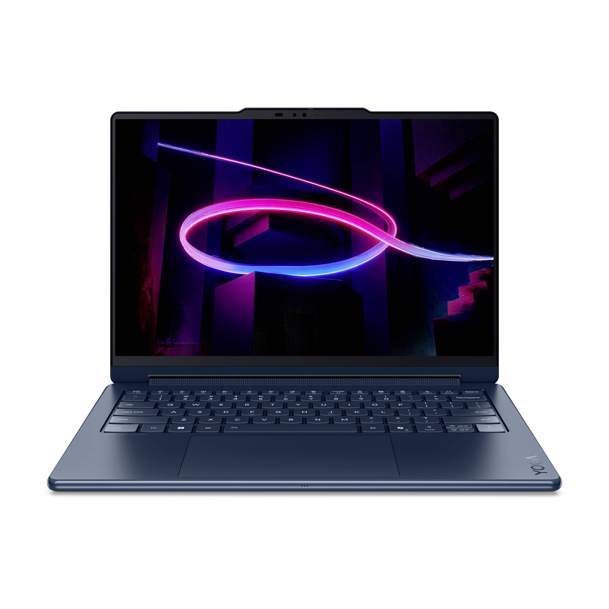 Offener Laptop mit neonrosa und blauer abstrakter Lichtgrafik auf dem Bildschirm.
