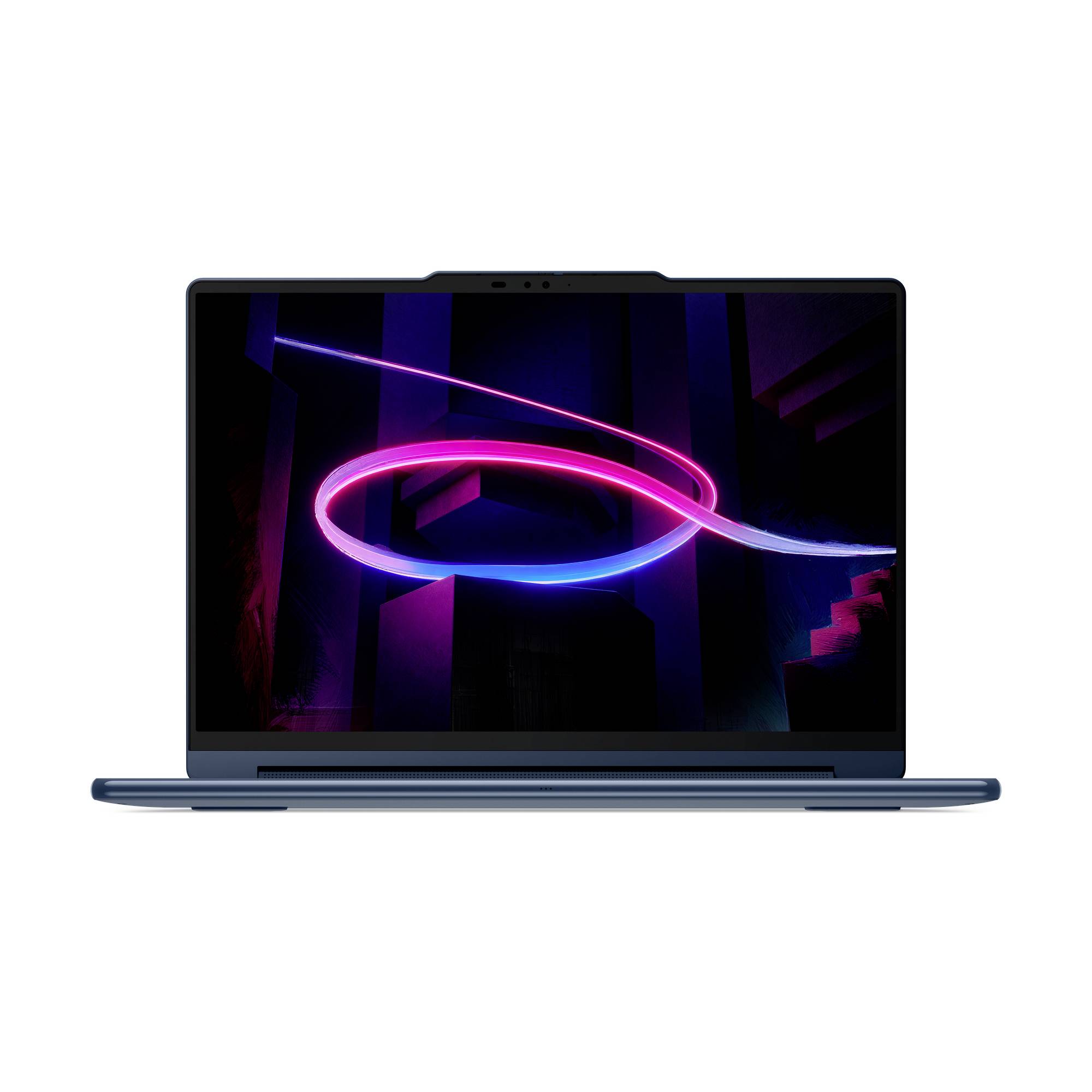 Vorderansicht eines Laptops, der eine neonrosa und blaue abstrakte Ringgrafik auf einem dunklen Bildschirm anzeigt.
