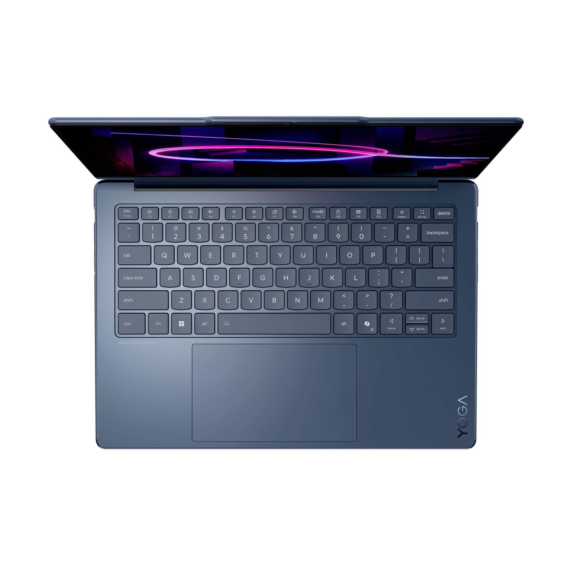 Draufsicht auf einen offenen blauen Lenovo Yoga-Laptop mit sichtbarer Tastatur und großem Touchpad auf weißem Hintergrund.