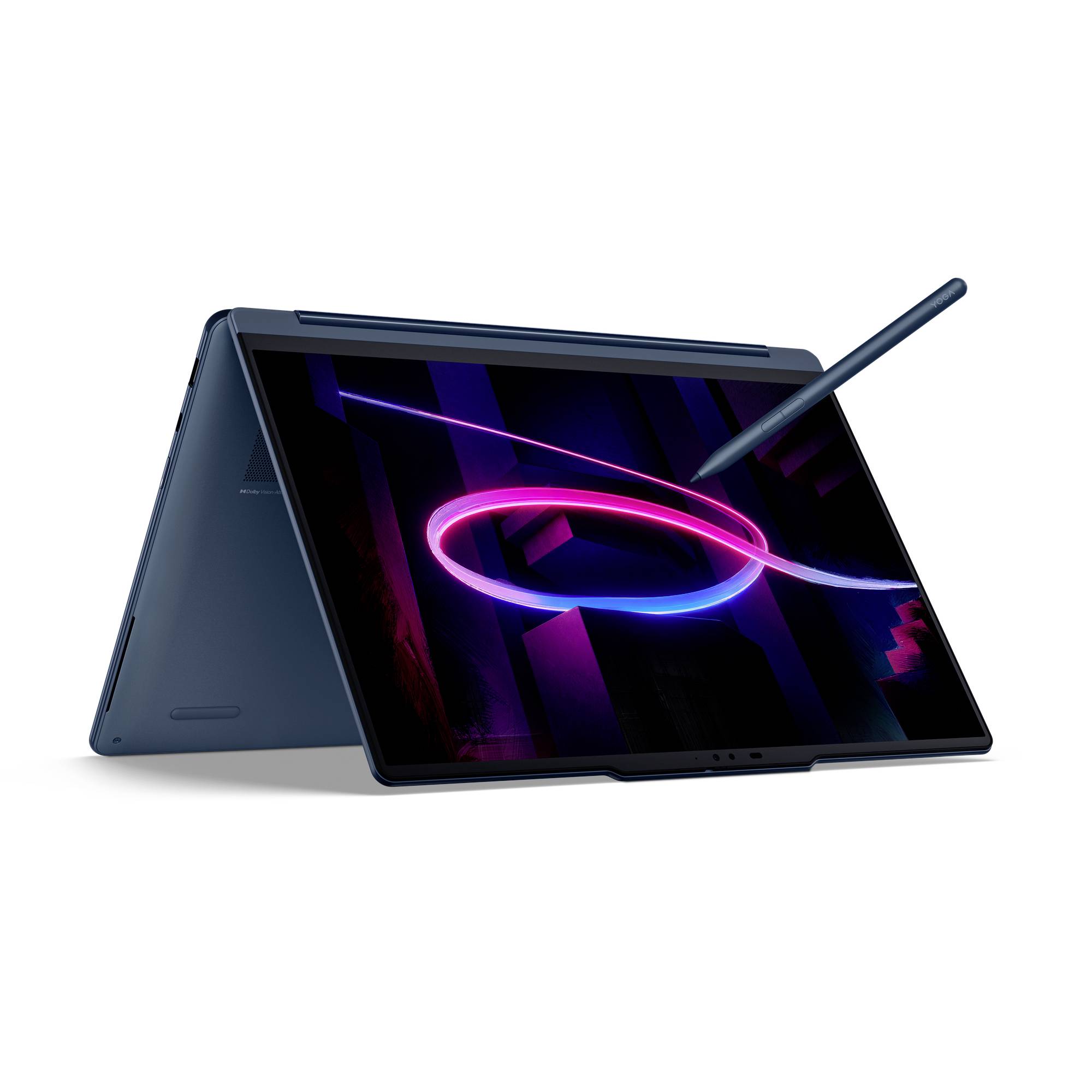 Convertibles Laptop im Zeltmodus mit einem Stift, der über dem Touchscreen schwebt und eine leuchtende abstrakte Grafik zeigt.