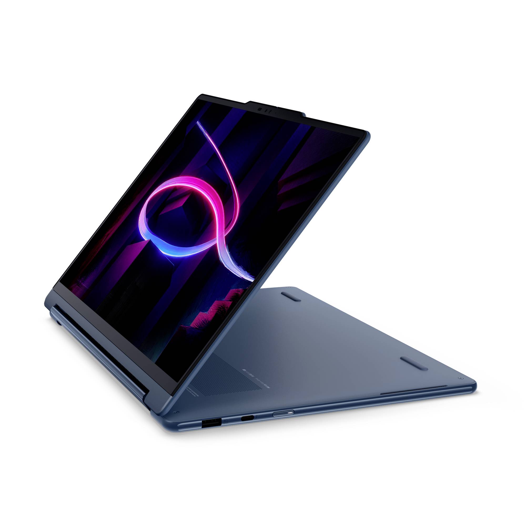 Blauer 2-in-1-Laptop im Zeltmodus mit farbenfrohem abstraktem Neon-Display auf weißem Hintergrund.