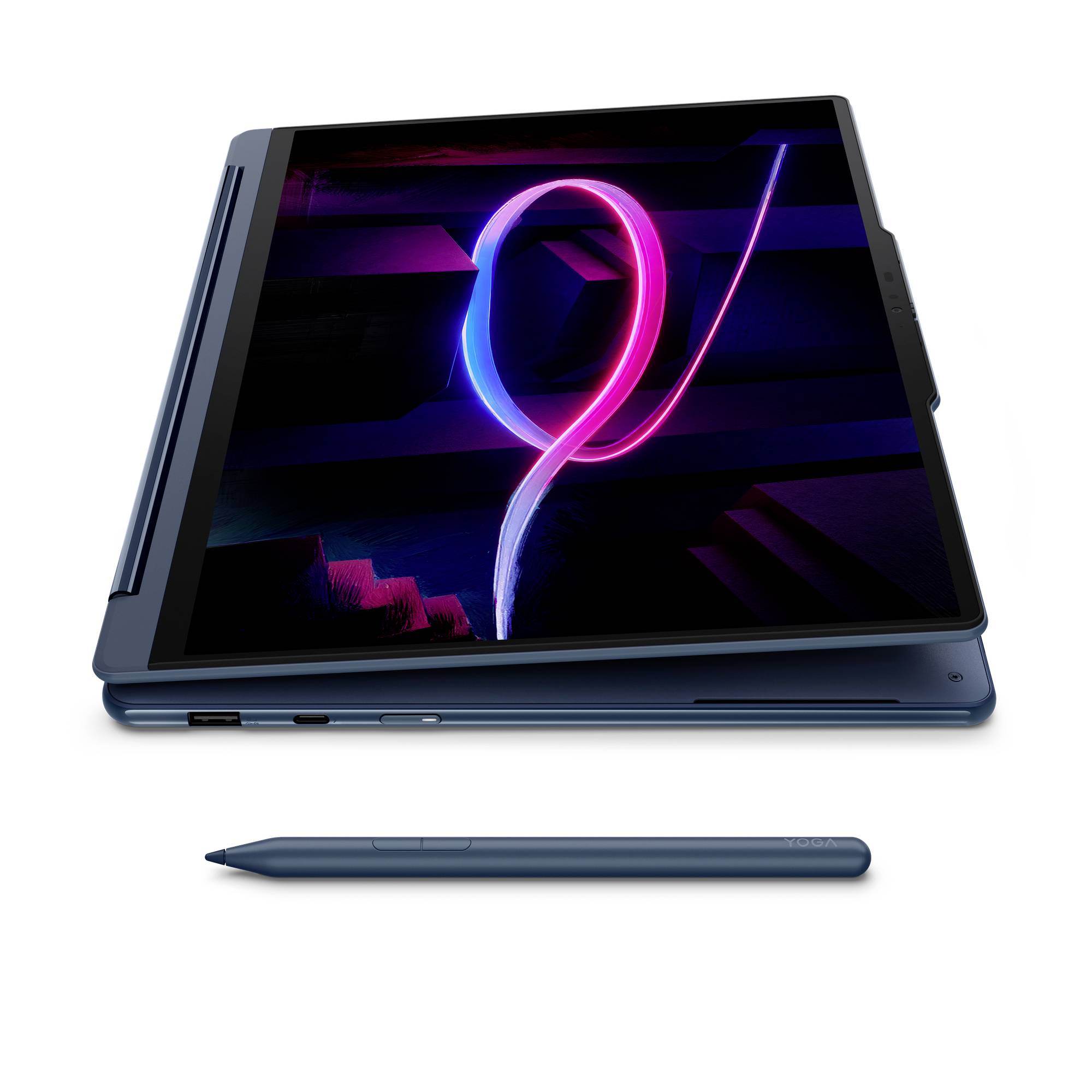 Faltbares Tablet offen angezeigt mit leuchtendem purpur-rosa abstraktem Display und Stylus darunter auf weißem Hintergrund.