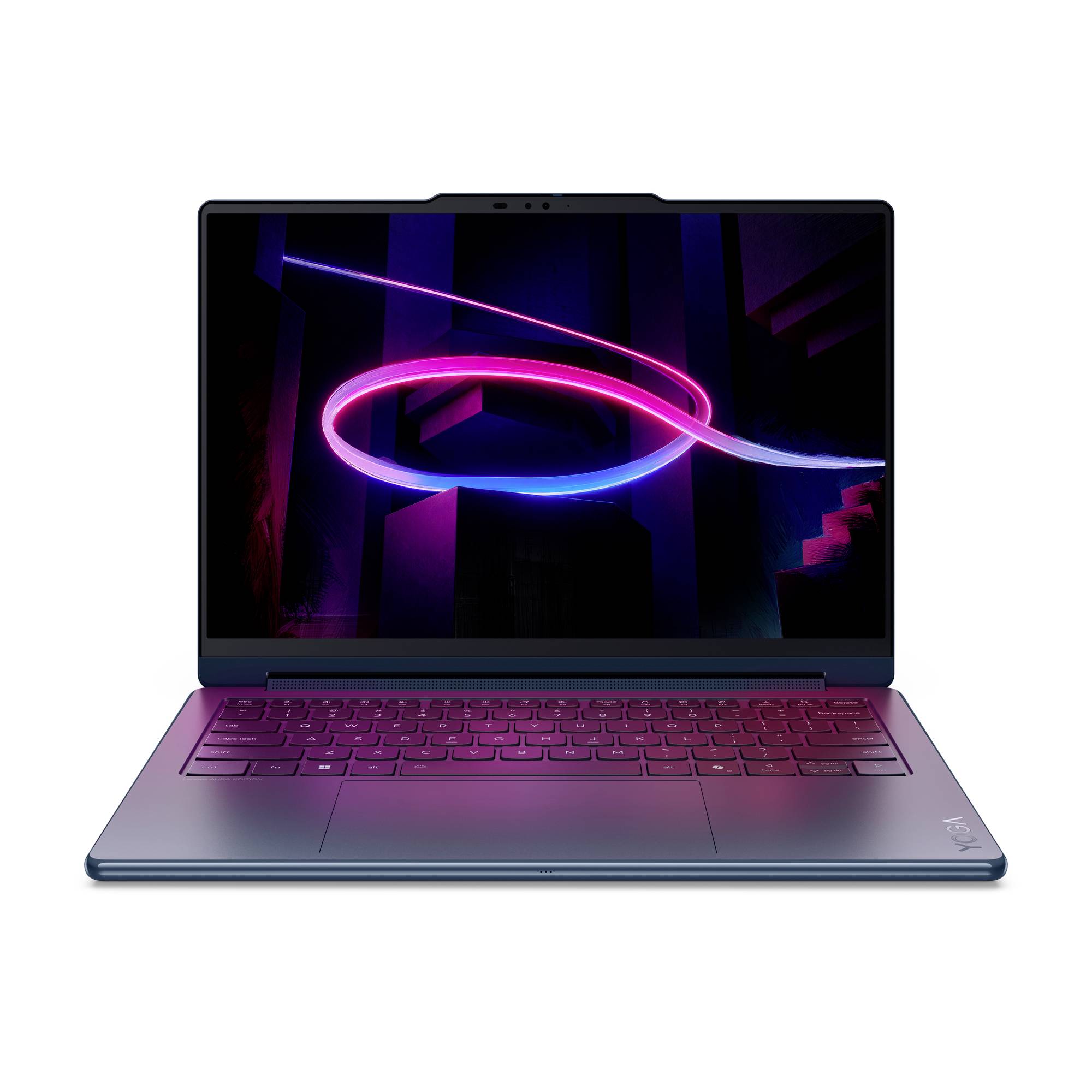 Offener Laptop-Computer mit einem neonpink und blau abstrakten Lichtdesign auf dem Bildschirm.