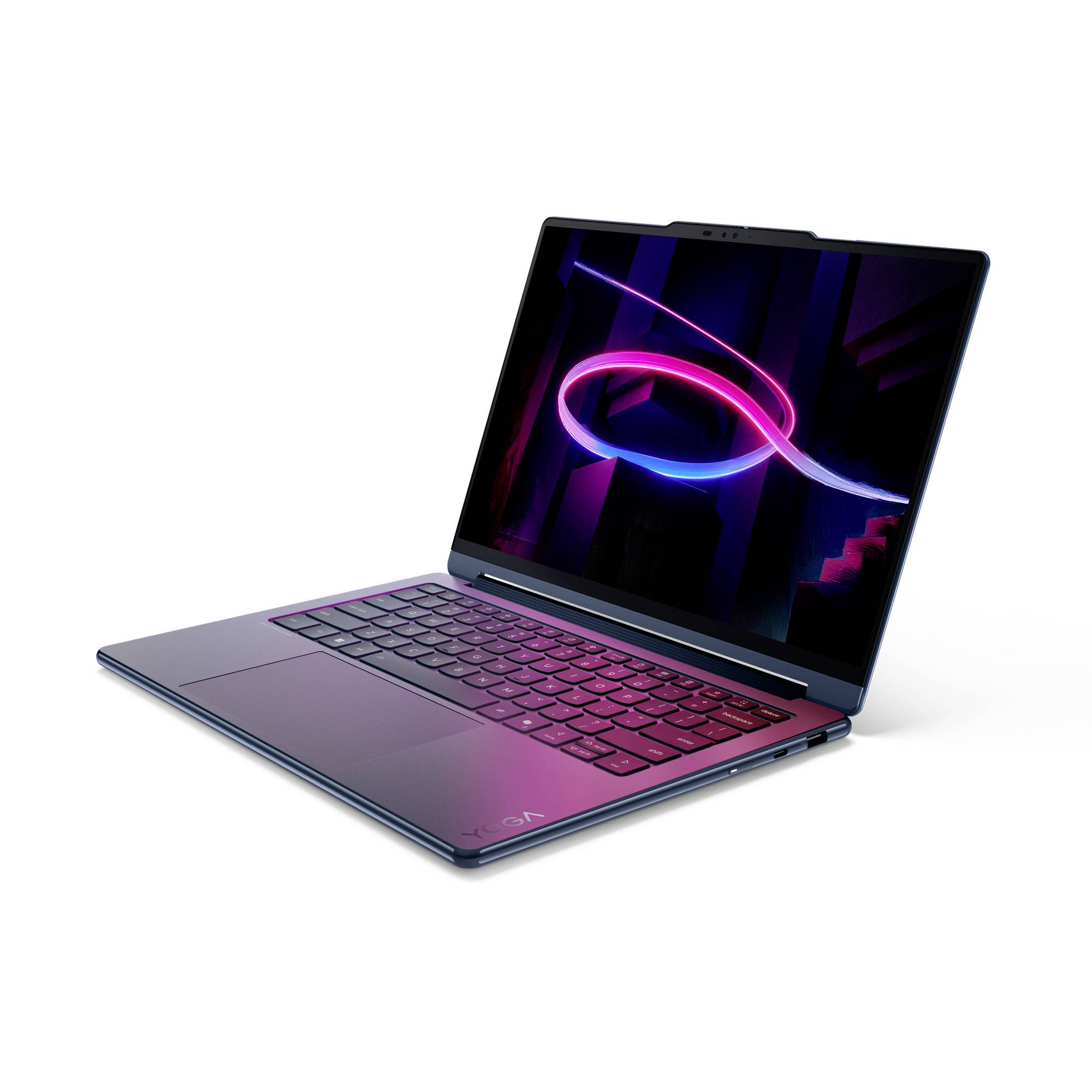 Offener Laptop mit einer Neon-Pink- und Blau-abstrakten Grafik auf dem Bildschirm, gezeigt auf weißem Hintergrund.