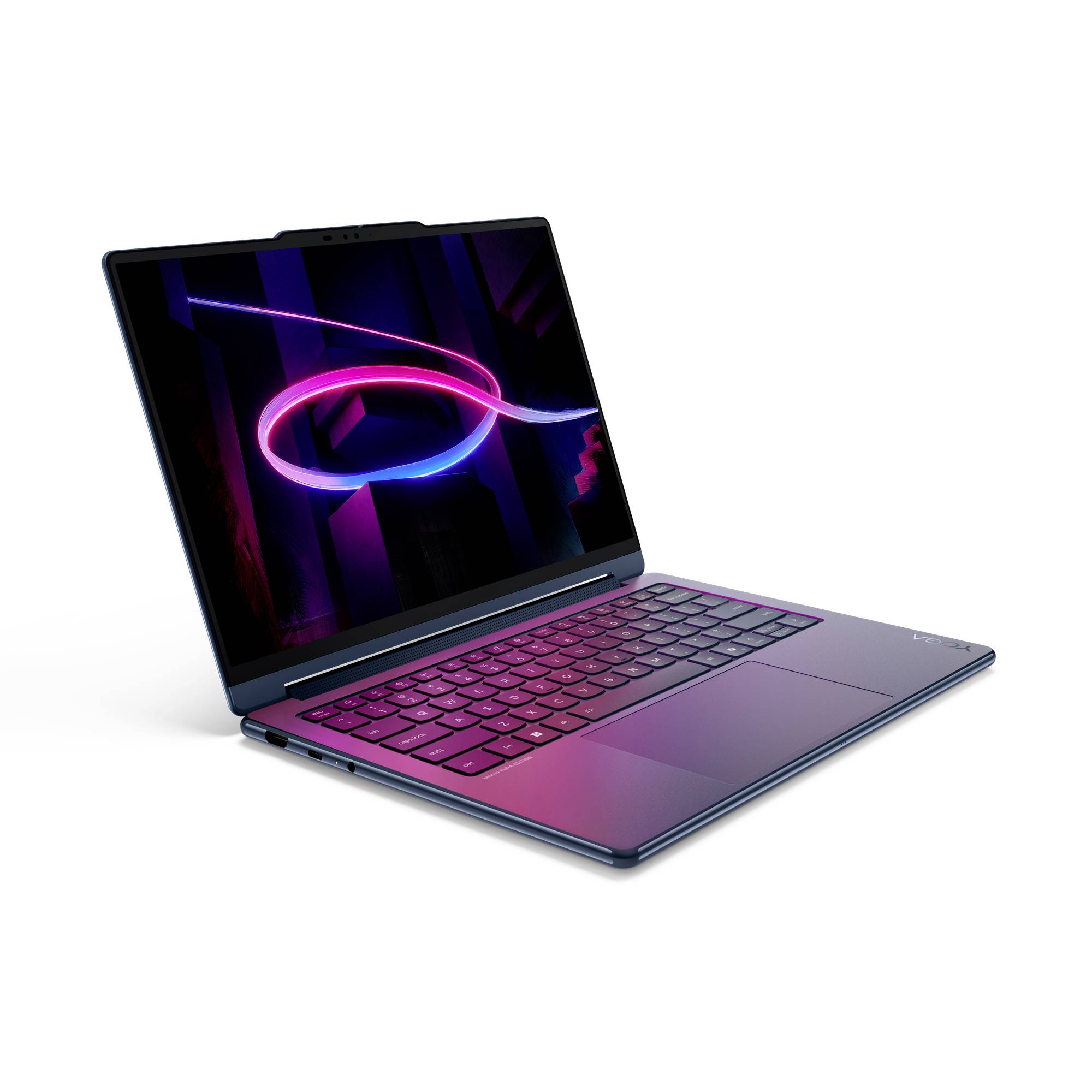 Violetter Laptop unter einem Winkel geöffnet, auf dem Bildschirm eine leuchtende neonabstrakte Schleife zu sehen.