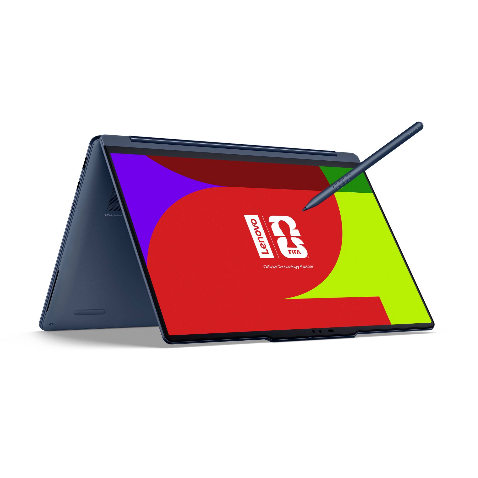 Ein Lenovo 2-in-1-Laptop im Zeltmodus mit einem Stylus, der den Bildschirm berührt und ein farbenfrohe abstrakte Anzeige zeigt.
