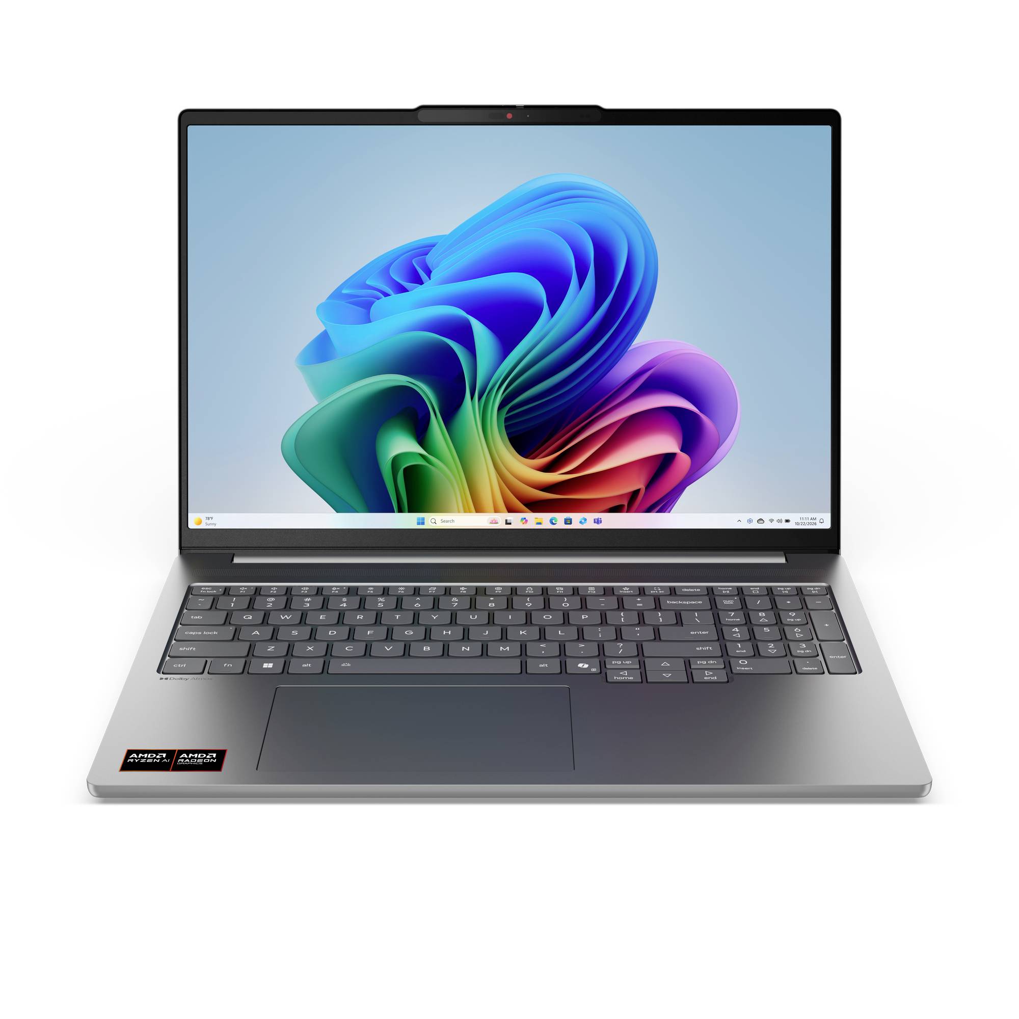 Frontansicht eines geöffneten Laptops mit einem farbenfrohen abstrakten Windows-Desktop-Hintergrundbild, mit sichtbarer Tastatur und Touchpad.