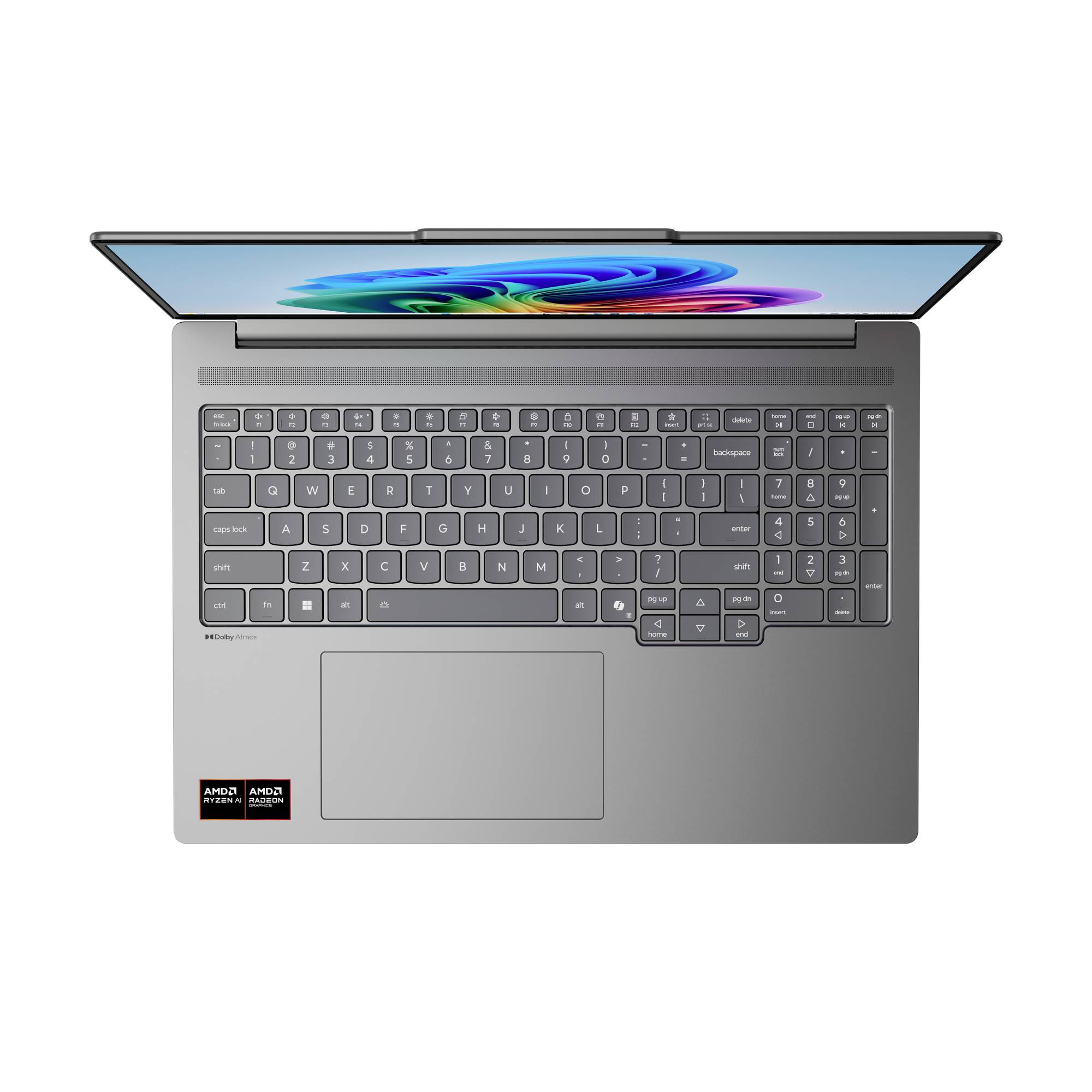Draufsicht auf einen grauen Laptop mit geöffnetem Bildschirm, der die Tastatur, ein großes Touchpad und eine farbenfrohe abstrakte Anzeige auf dem Bildschirm zeigt.