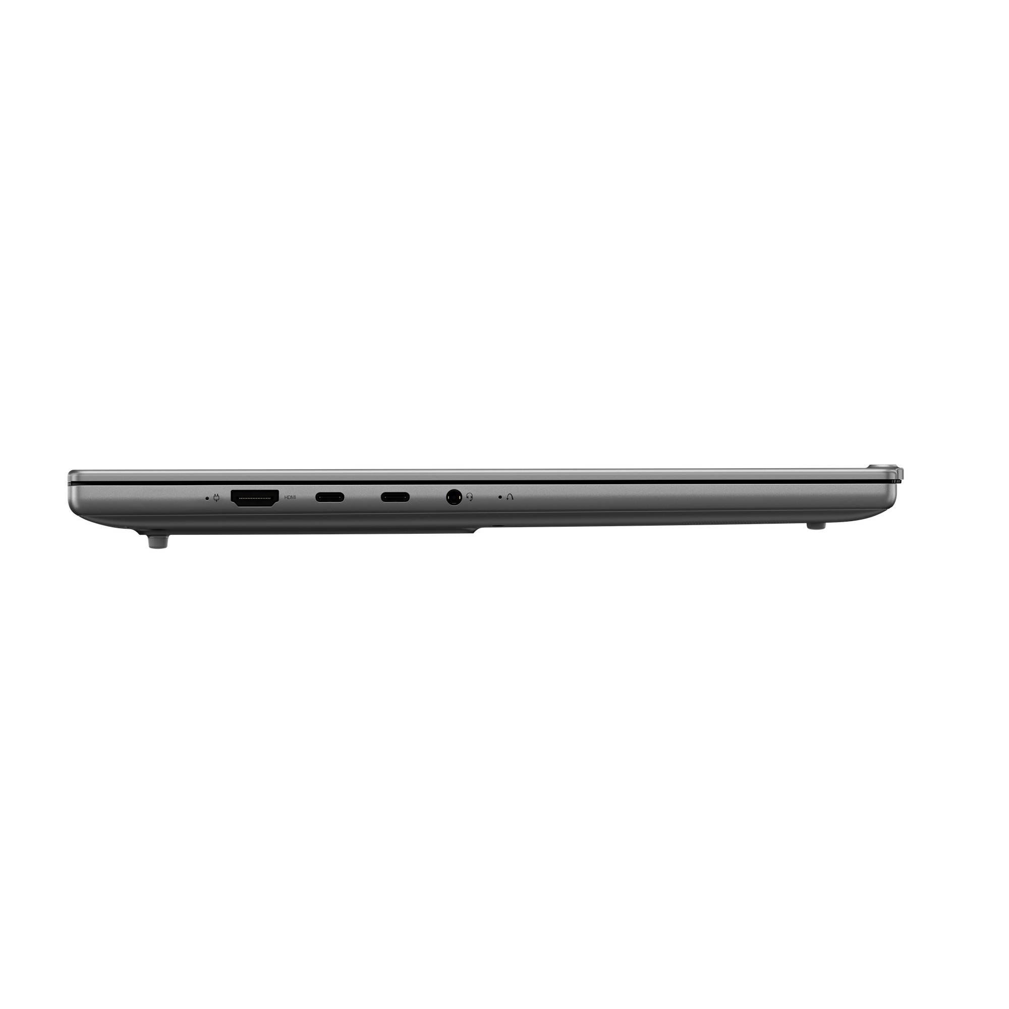 Seitenansicht eines geschlossenen silbernen Laptops, die sein dünnes Profil und die Anschlüsse an der linken Kante zeigt.