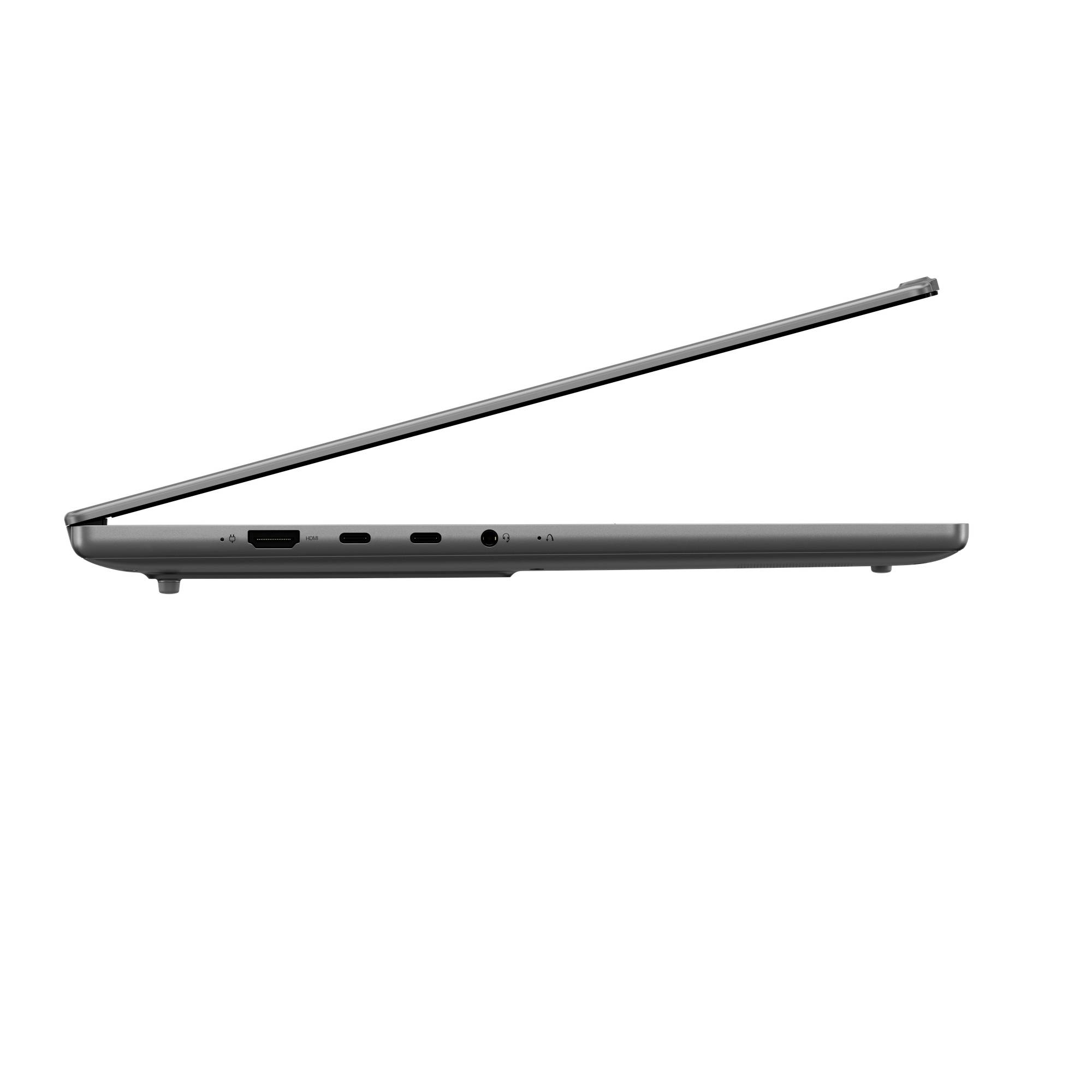 Seitenansicht eines dünnen grauen Laptops, der teilweise geöffnet ist und das schlanke Profil sowie sichtbare Anschlüsse auf der linken Seite zeigt.