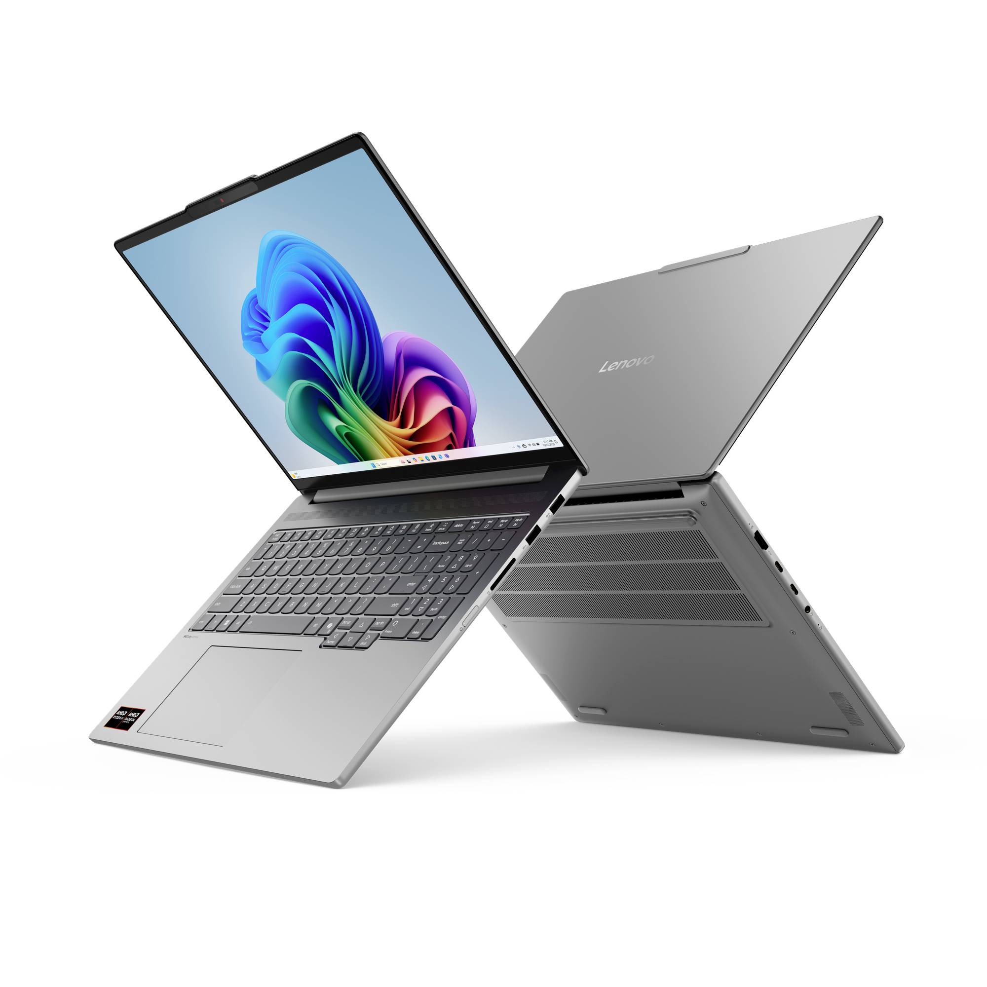 Zwei graue Lenovo-Laptops im Zeltmodus dargestellt, einer mit buntem Windows-ähnlichem Hintergrundbild auf dem Bildschirm geöffnet, auf weißem Hintergrund.